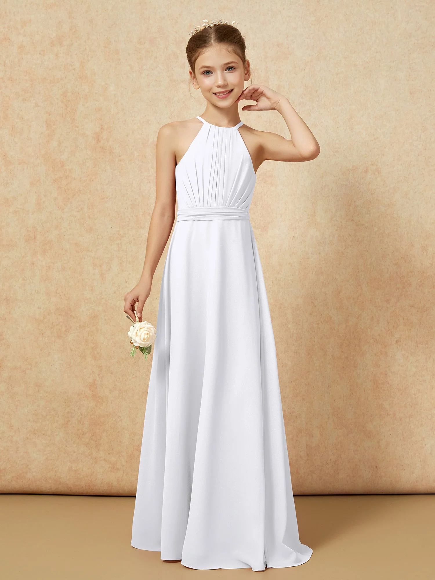 Ärmellos Plissee Lang Chiffon Junge Brautjungfernkleider Weiß - Image 5