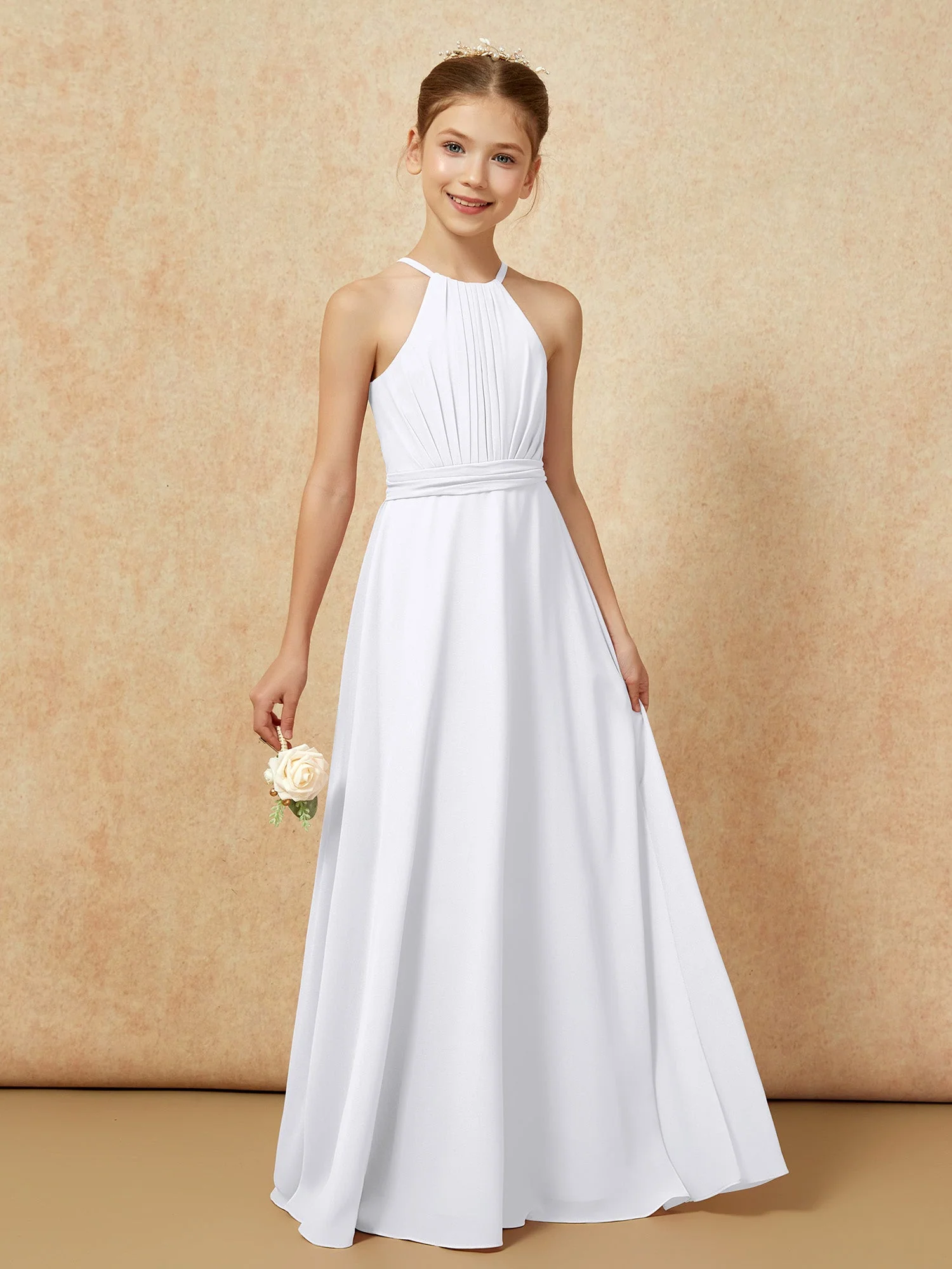 Ärmellos Plissee Lang Chiffon Junge Brautjungfernkleider Weiß - Image 6