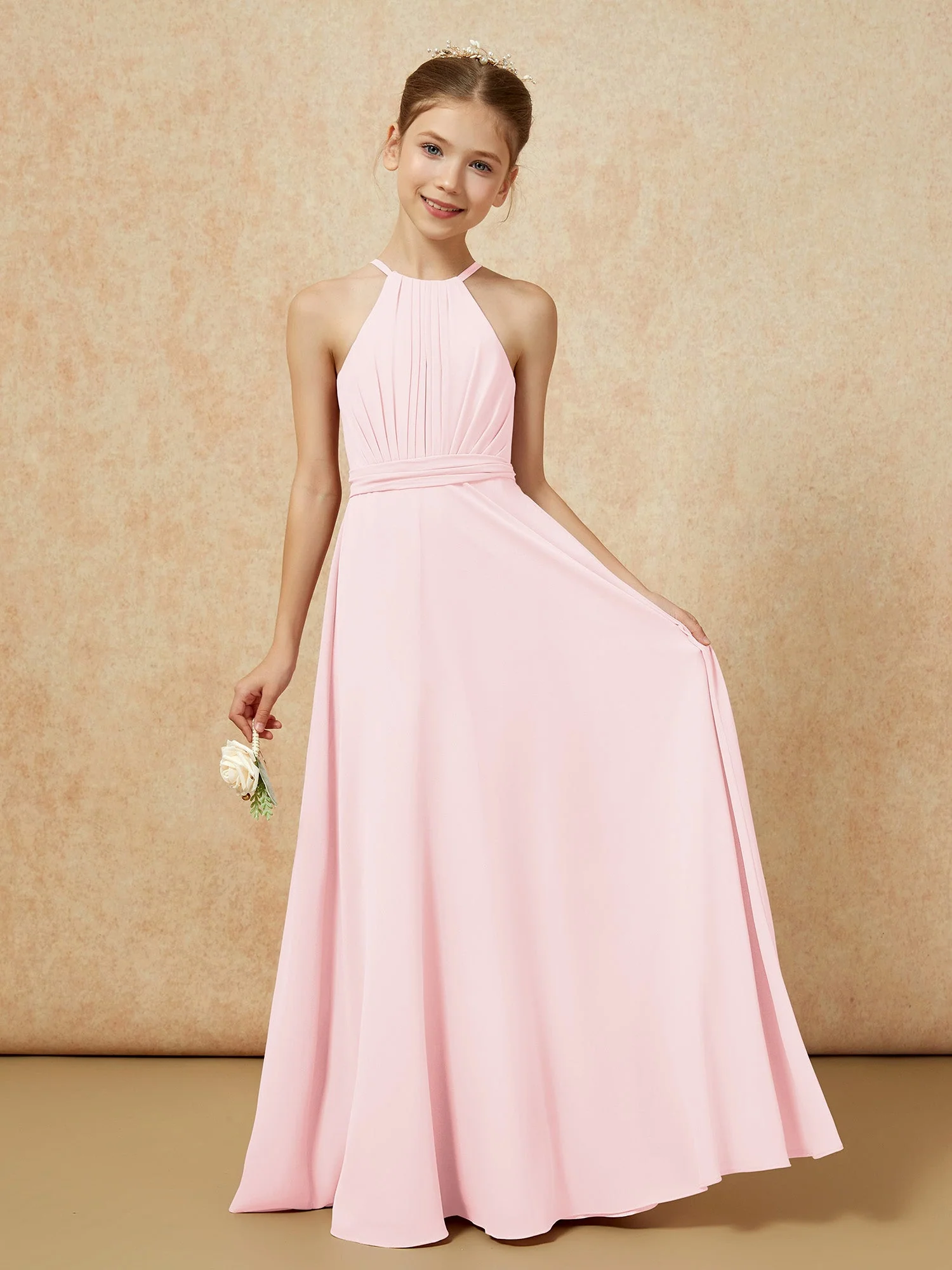 Ärmellos Plissee Lang Chiffon Junge Brautjungfernkleider Zartrosa