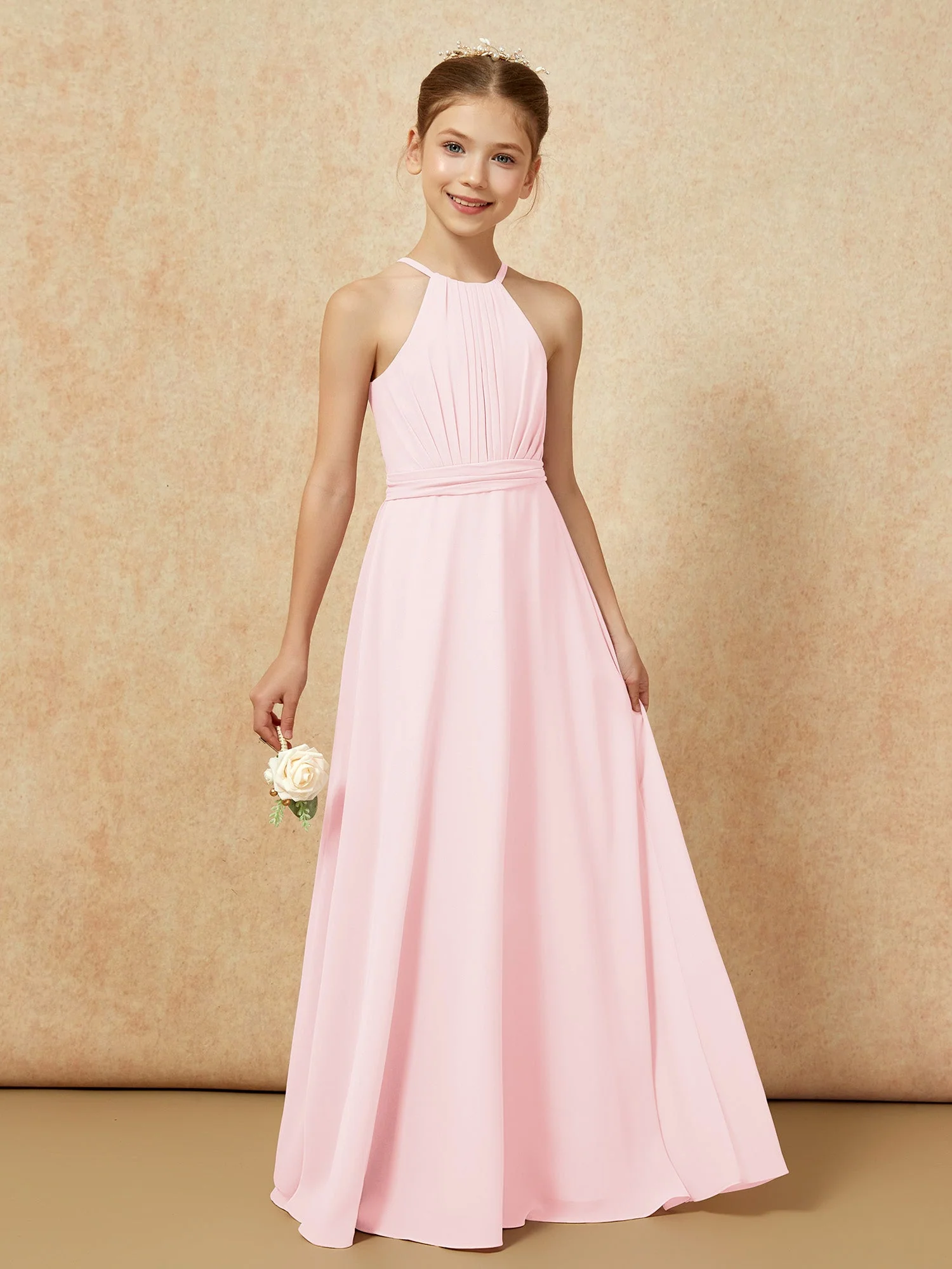 Ärmellos Plissee Lang Chiffon Junge Brautjungfernkleider Zartrosa - Image 6