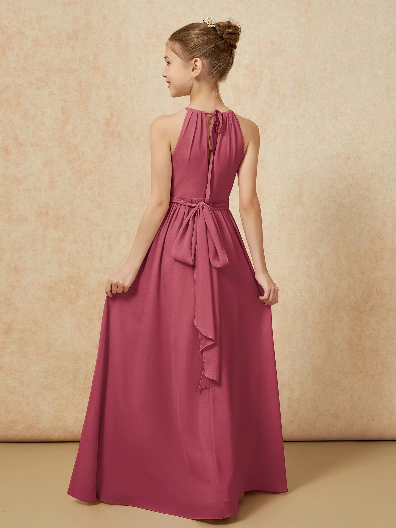Ärmellos Plissee Lang Chiffon Junge Brautjungfernkleider Zimtrose - Image 2