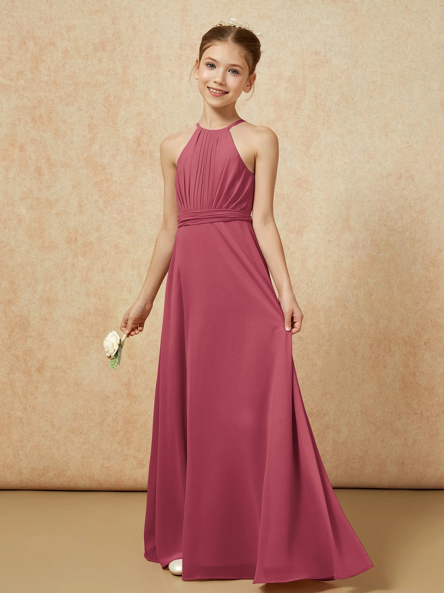 Ärmellos Plissee Lang Chiffon Junge Brautjungfernkleider Zimtrose - Image 3