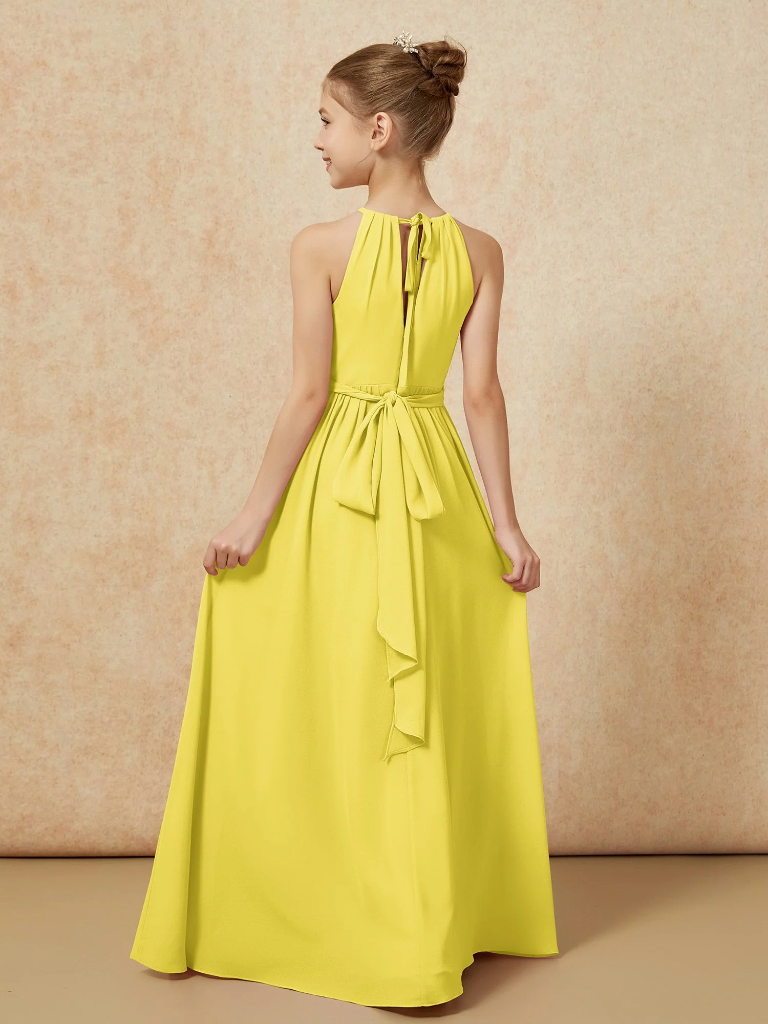 Ärmellos Plissee Lang Chiffon Junge Brautjungfernkleider Zitrone - Image 2