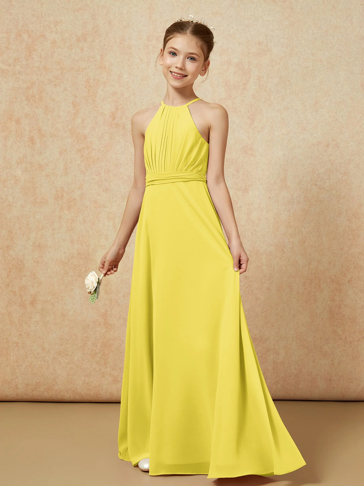 Ärmellos Plissee Lang Chiffon Junge Brautjungfernkleider Zitrone - Image 3