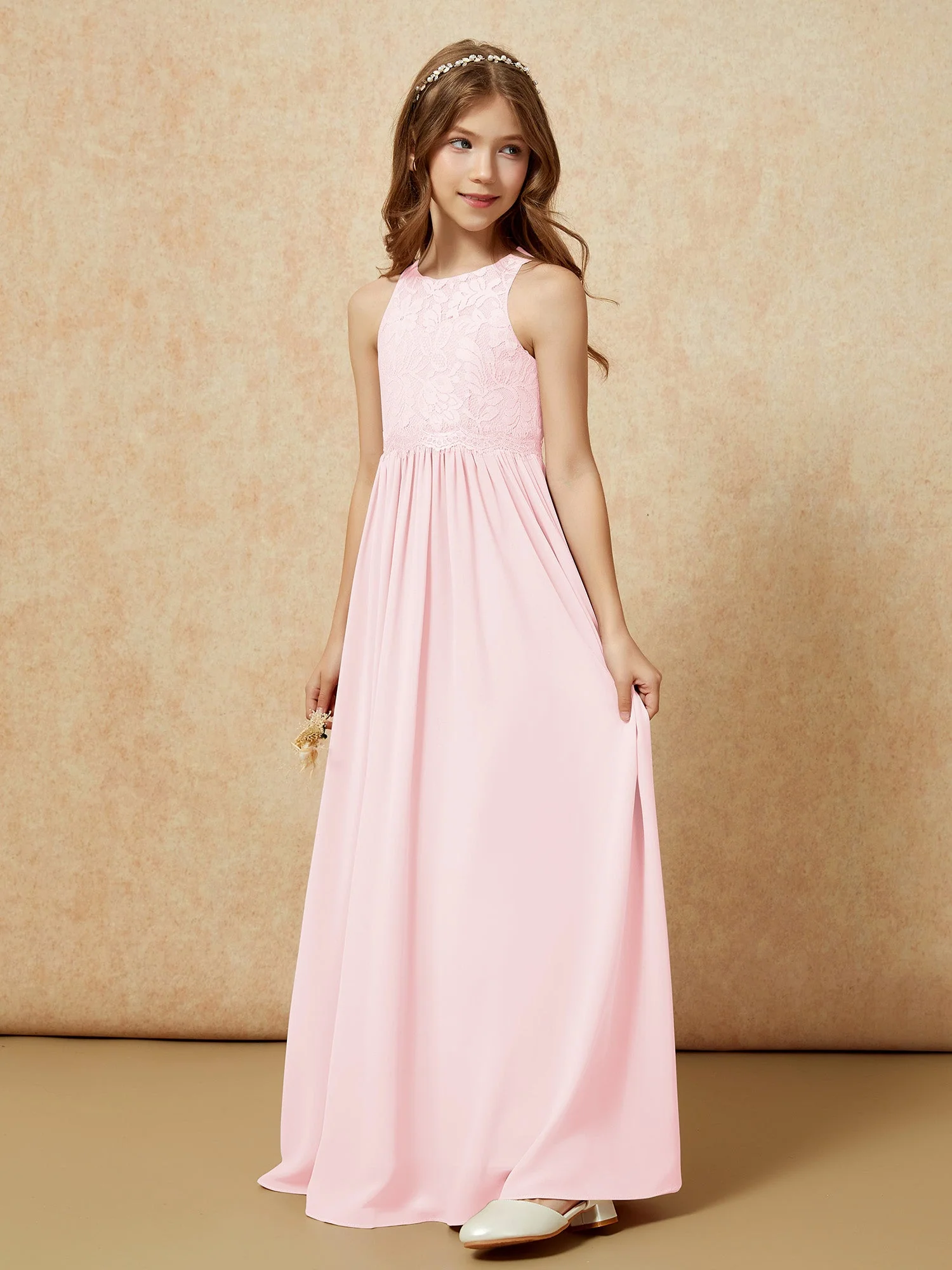 Ärmellos Spitze Chiffon A-Linie Junge Brautjungfernkleider Blau - Image 3