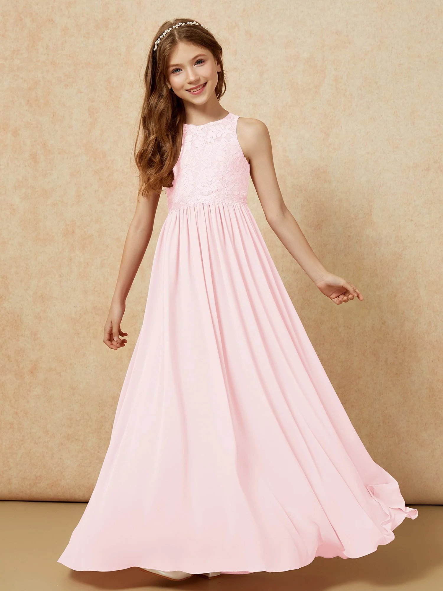 Ärmellos Spitze Chiffon A-Linie Junge Brautjungfernkleider Blau - Image 4