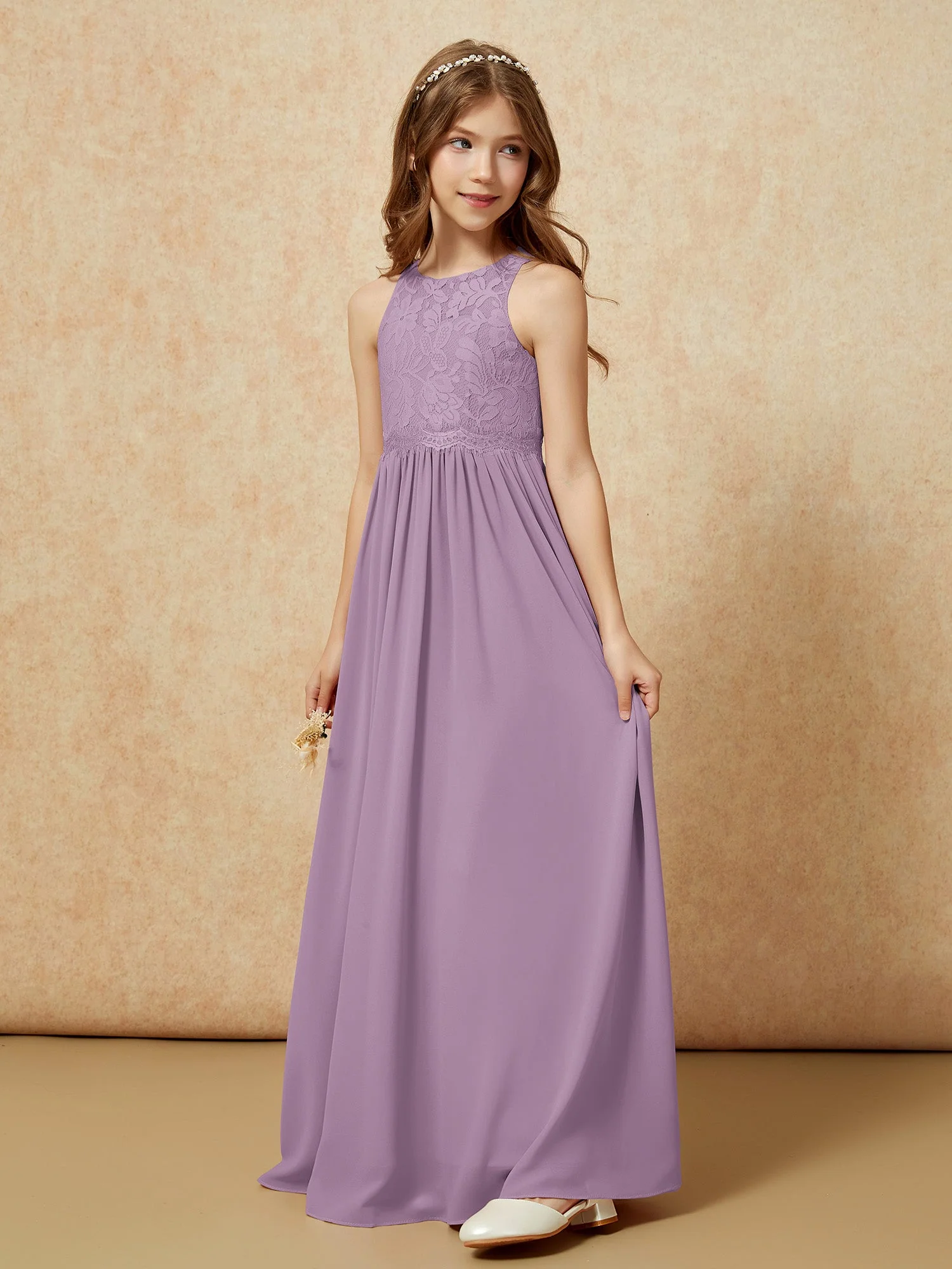 Ärmellos Spitze Chiffon A-Linie Junge Brautjungfernkleider Blauregen - Image 3