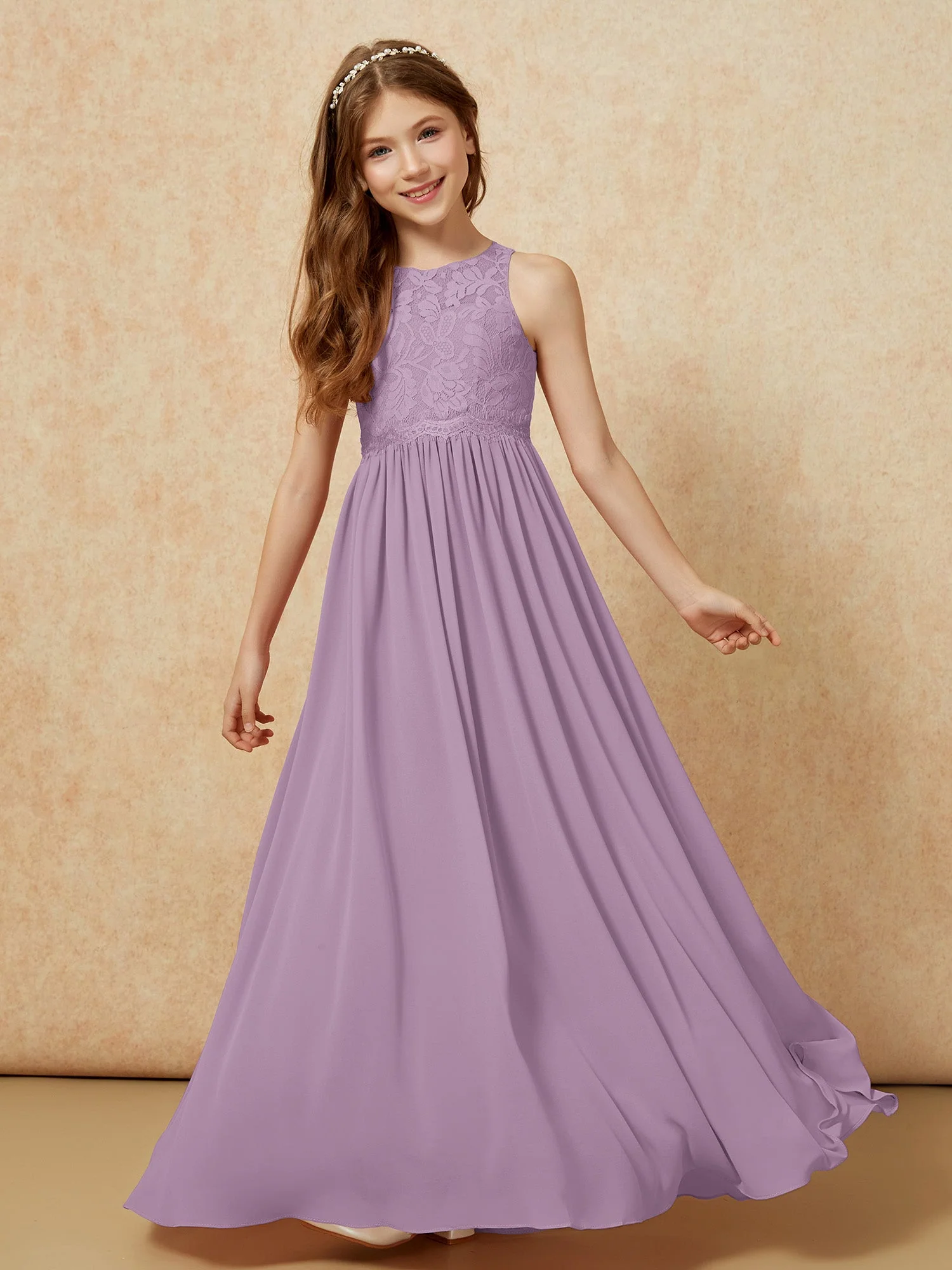 Ärmellos Spitze Chiffon A-Linie Junge Brautjungfernkleider Blauregen - Image 4