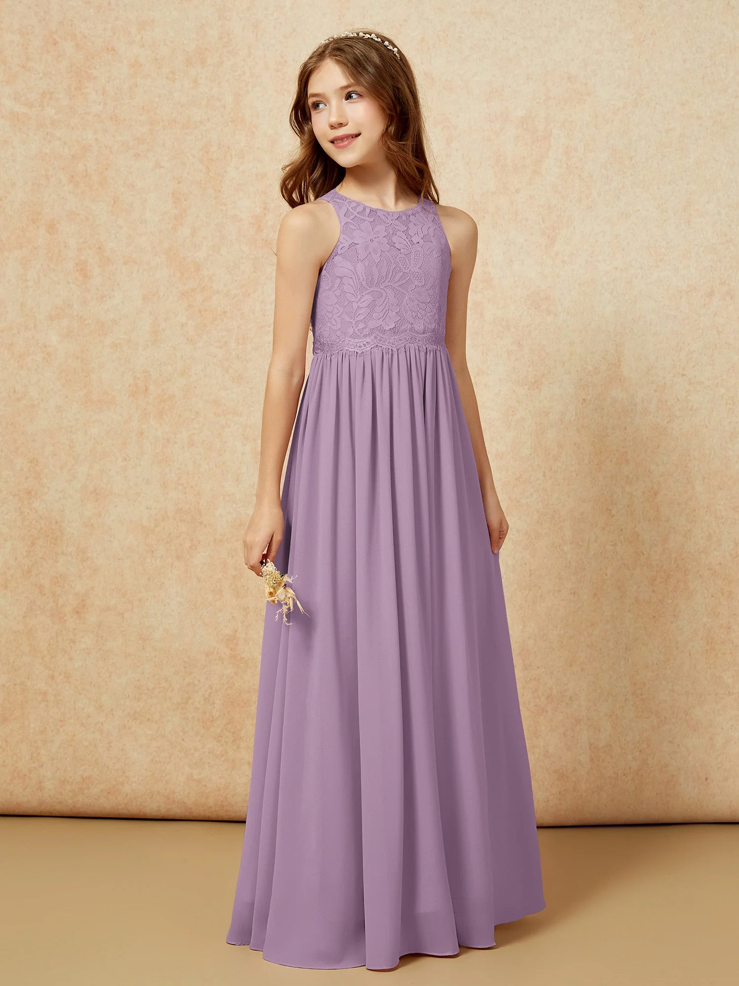 Ärmellos Spitze Chiffon A-Linie Junge Brautjungfernkleider Blauregen - Image 5