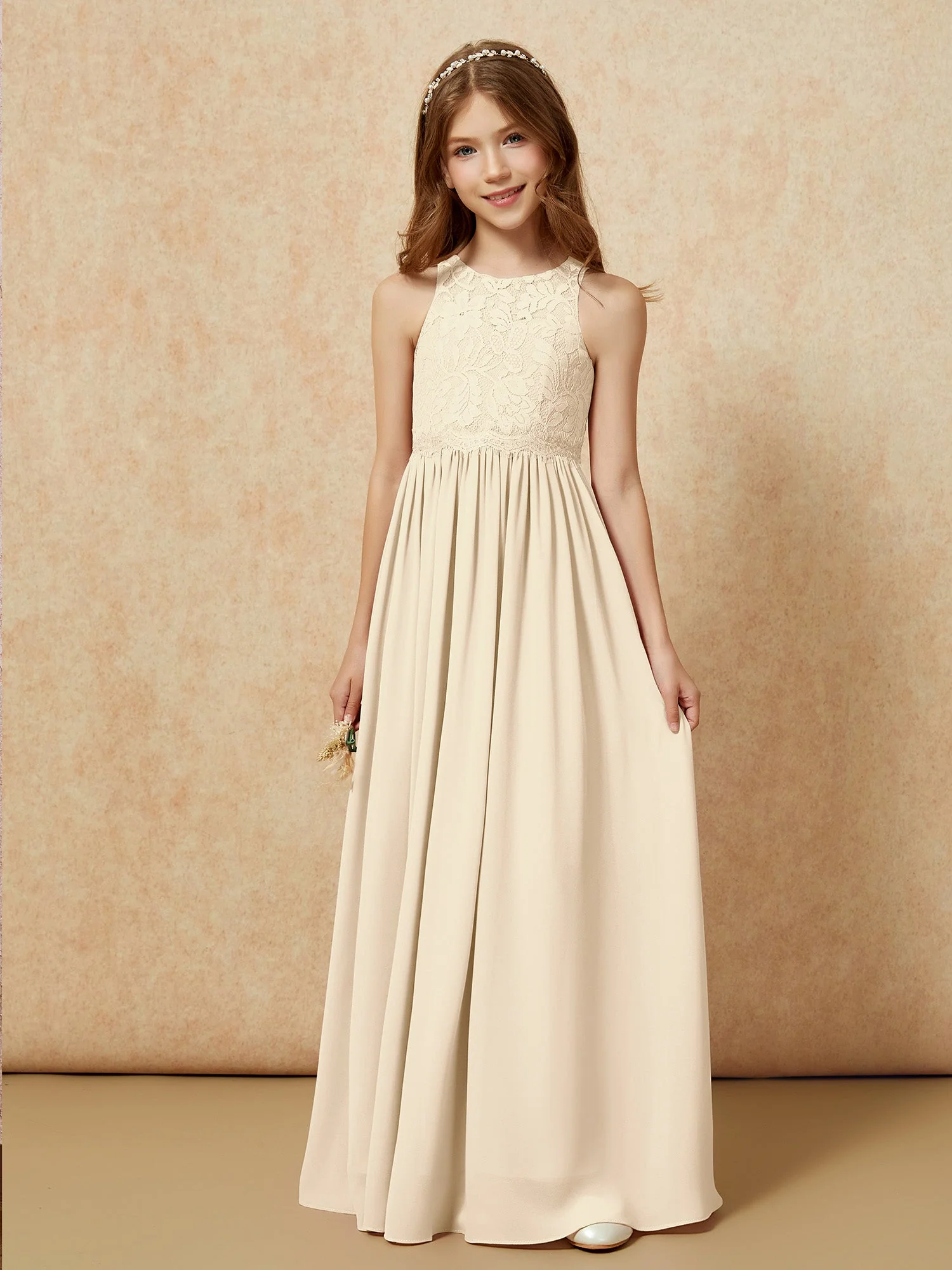 Ärmellos Spitze Chiffon A-Linie Junge Brautjungfernkleider Bonbonrosa - Image 6