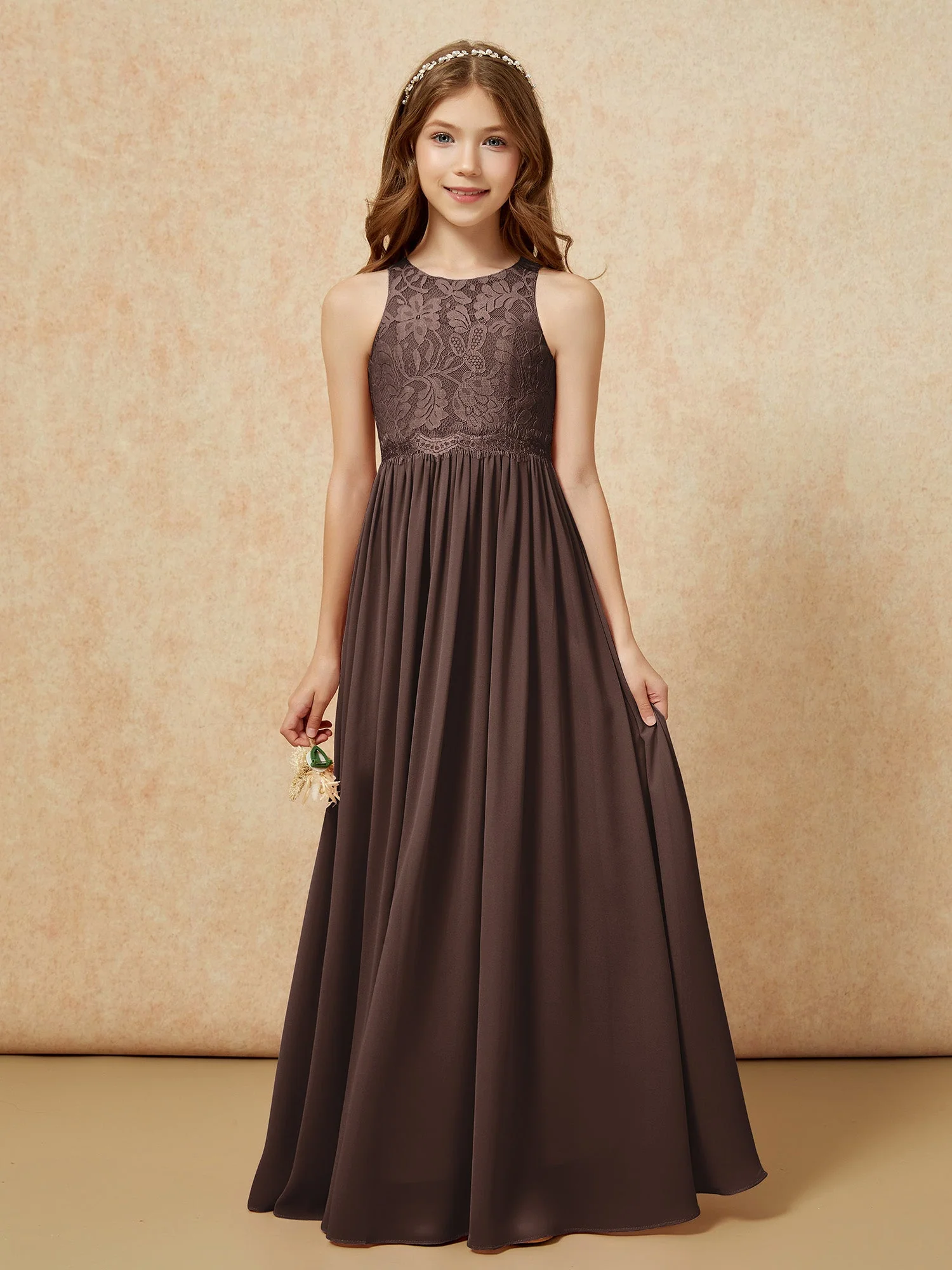 Ärmellos Spitze Chiffon A-Linie Junge Brautjungfernkleider Champagner