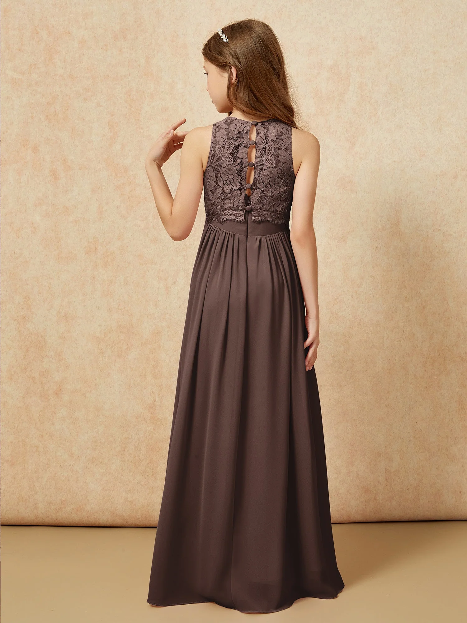 Ärmellos Spitze Chiffon A-Linie Junge Brautjungfernkleider Champagner - Image 2