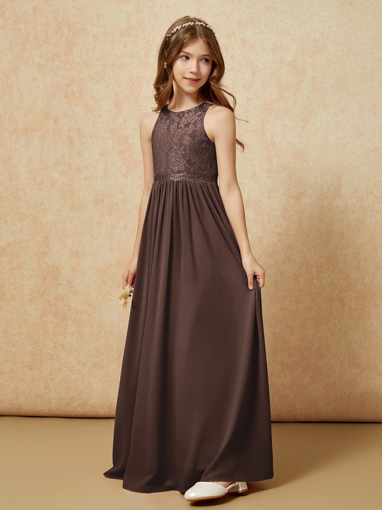 Ärmellos Spitze Chiffon A-Linie Junge Brautjungfernkleider Champagner - Image 3