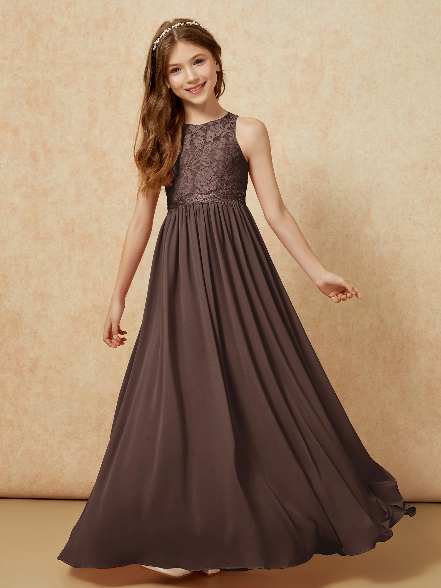 Ärmellos Spitze Chiffon A-Linie Junge Brautjungfernkleider Champagner - Image 4