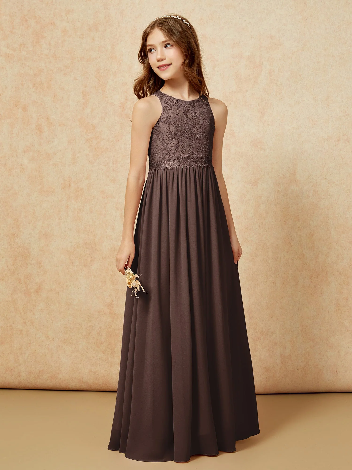 Ärmellos Spitze Chiffon A-Linie Junge Brautjungfernkleider Champagner - Image 5