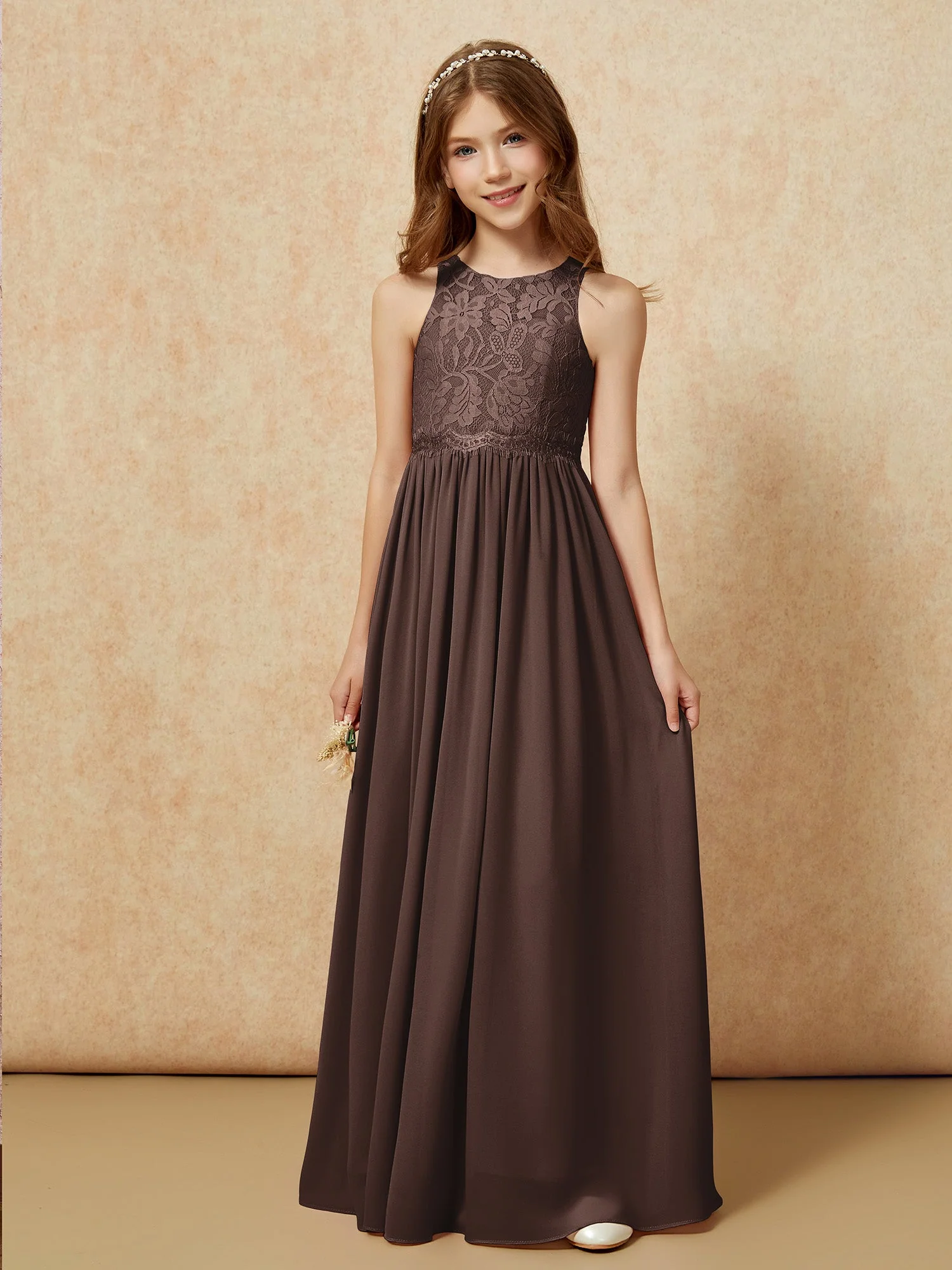 Ärmellos Spitze Chiffon A-Linie Junge Brautjungfernkleider Champagner - Image 6