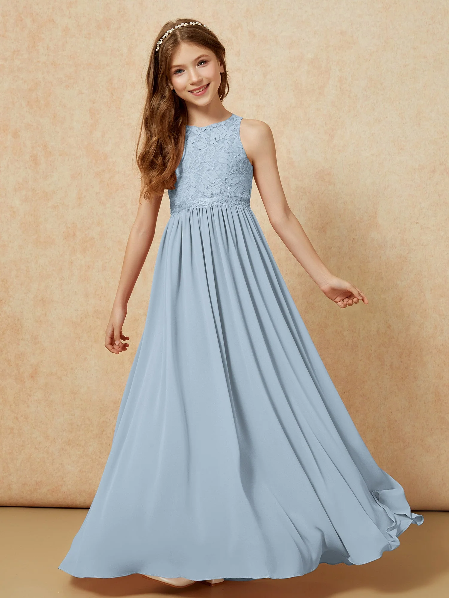 Ärmellos Spitze Chiffon A-Linie Junge Brautjungfernkleider Dämmerung - Image 4