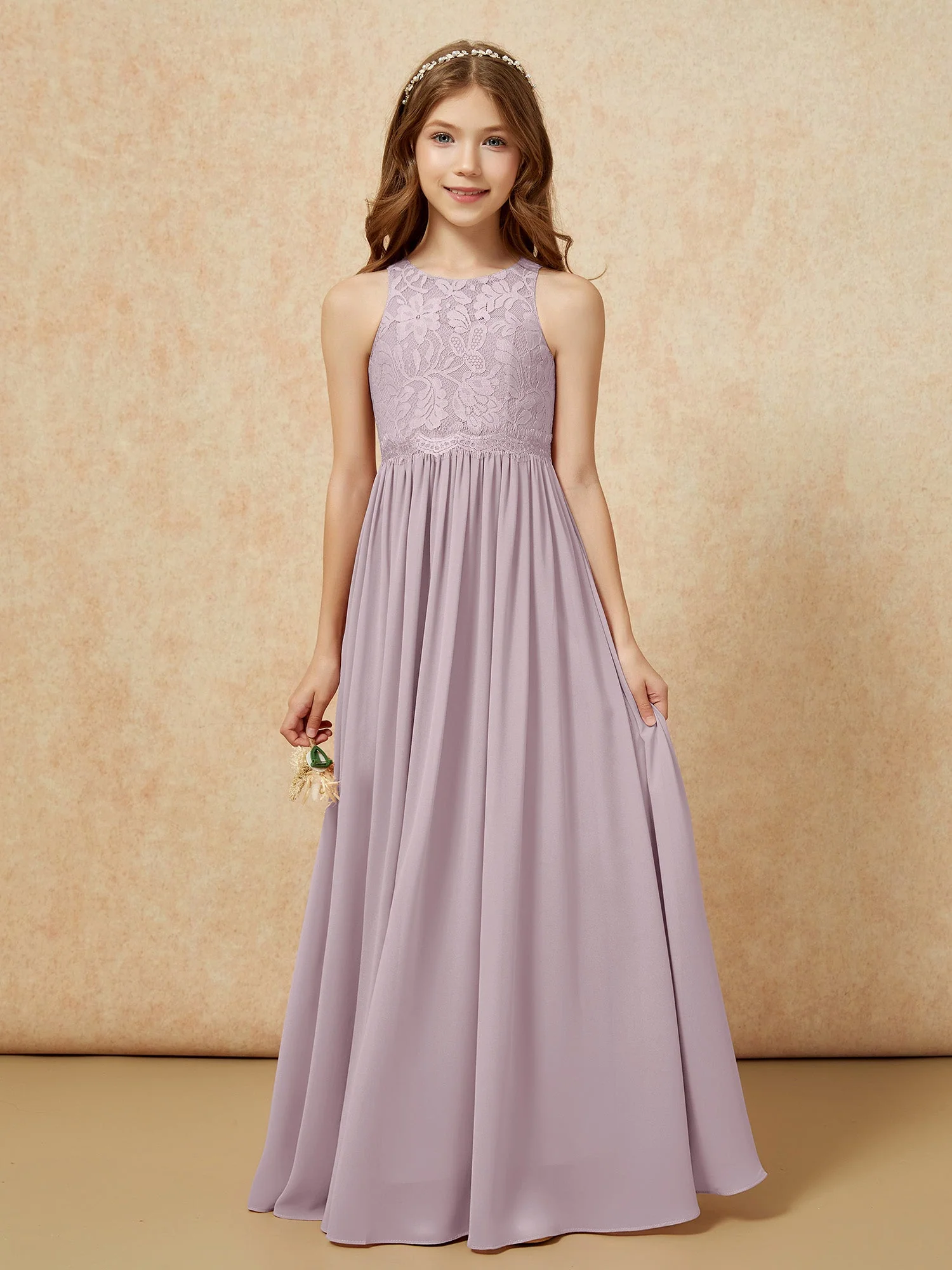 Ärmellos Spitze Chiffon A-Linie Junge Brautjungfernkleider Dunkelmarine