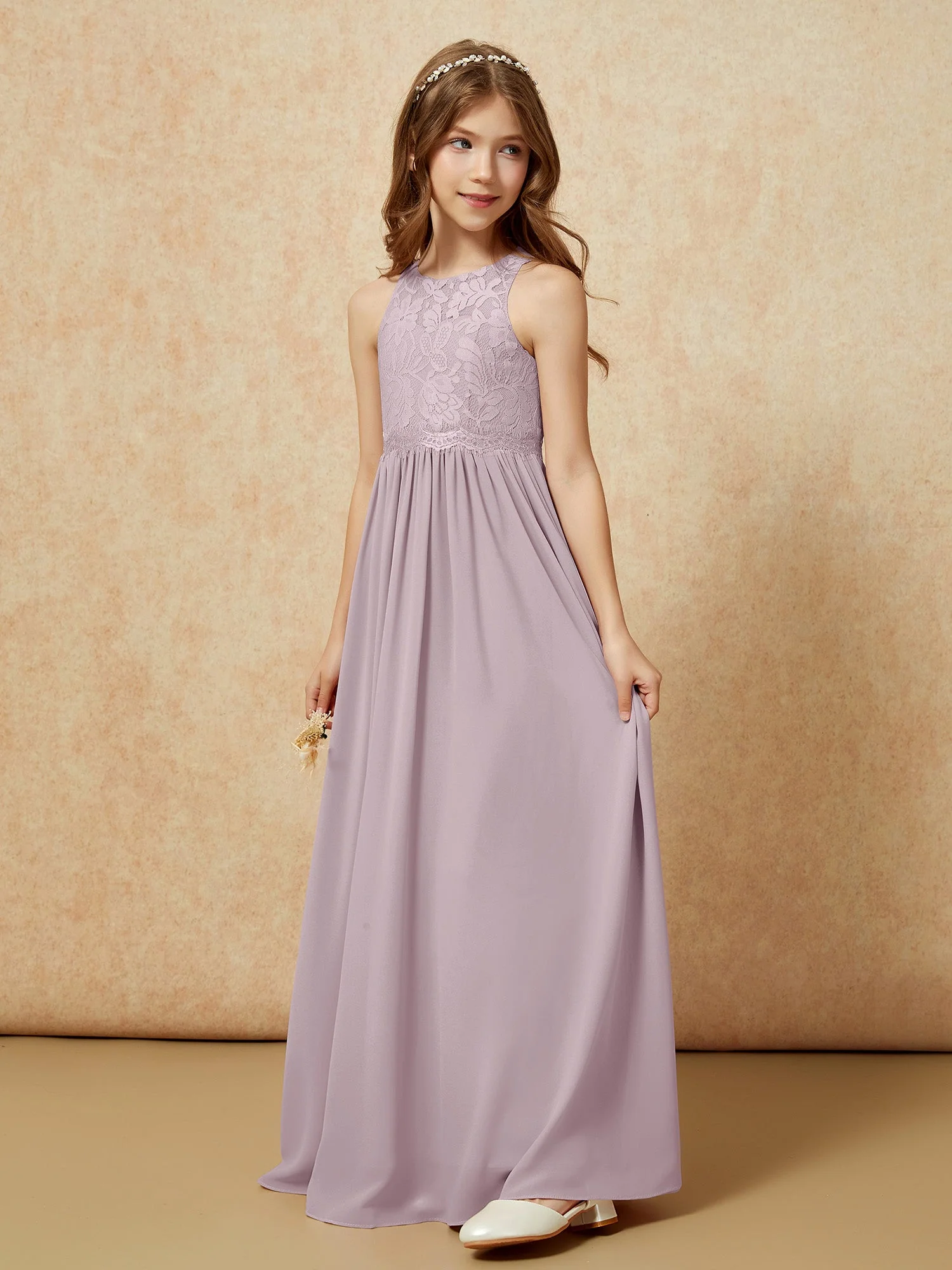 Ärmellos Spitze Chiffon A-Linie Junge Brautjungfernkleider Dunkelmarine - Image 3