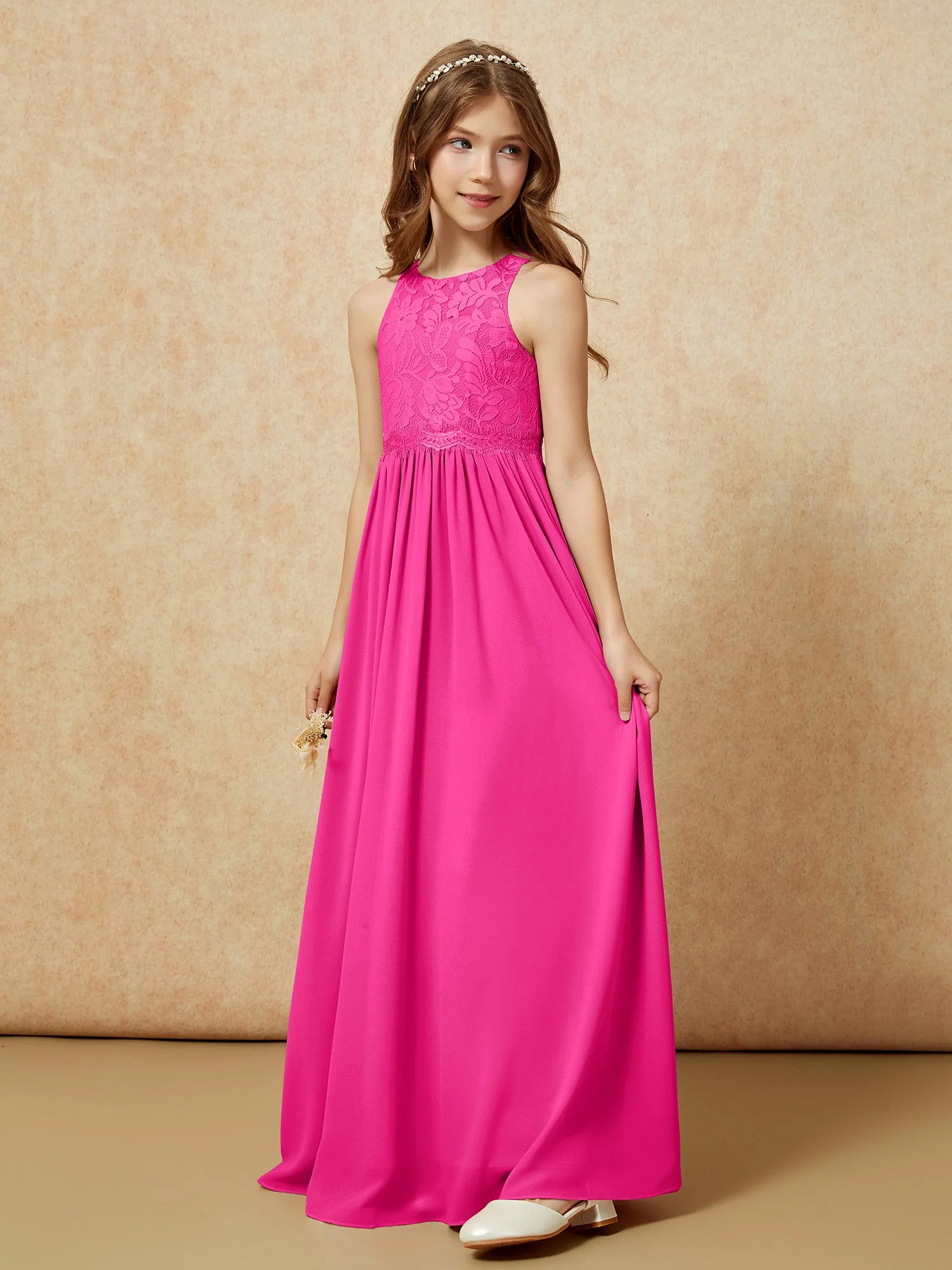 Ärmellos Spitze Chiffon A-Linie Junge Brautjungfernkleider Flamingo - Image 3