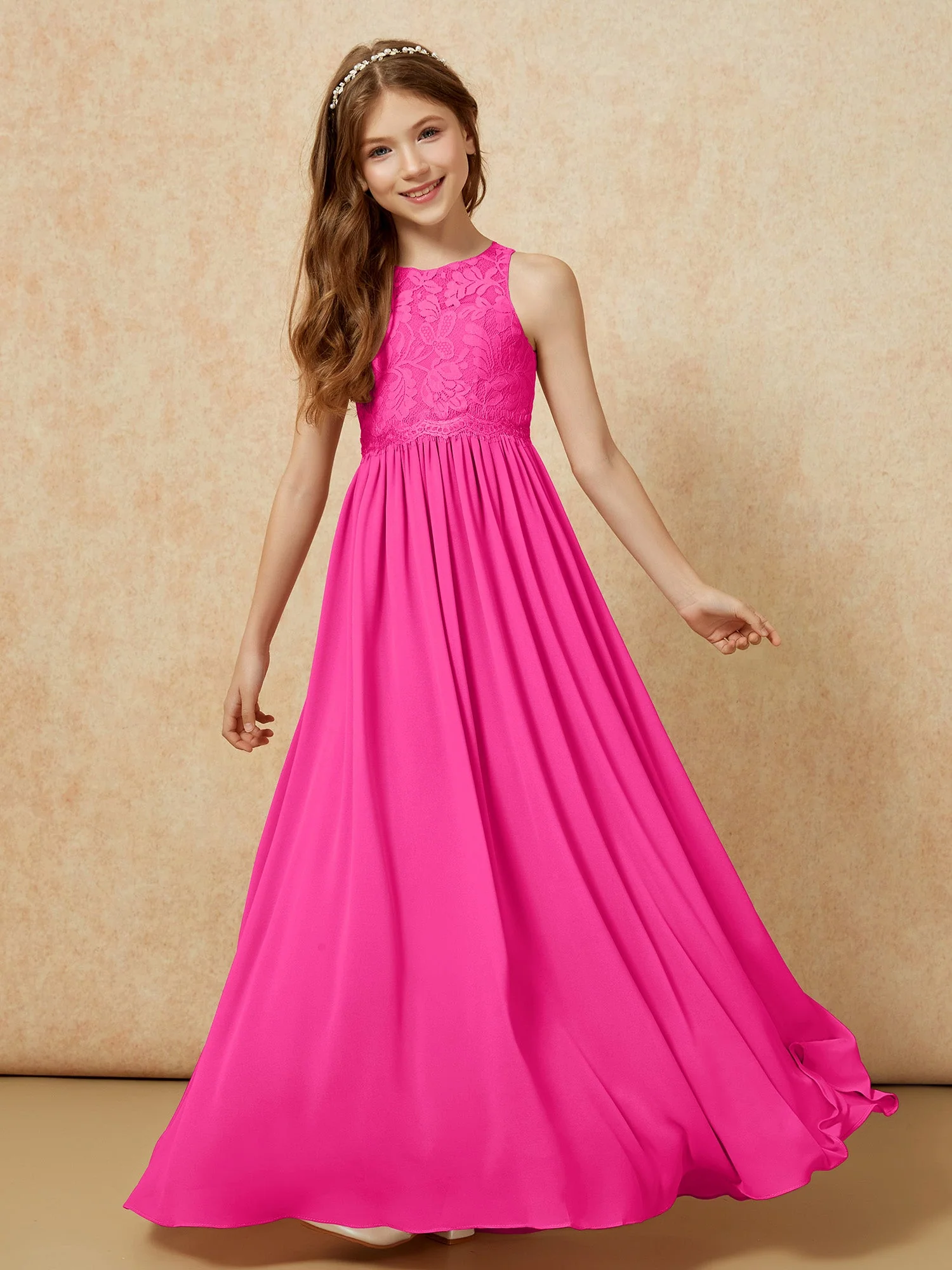 Ärmellos Spitze Chiffon A-Linie Junge Brautjungfernkleider Flamingo - Image 4