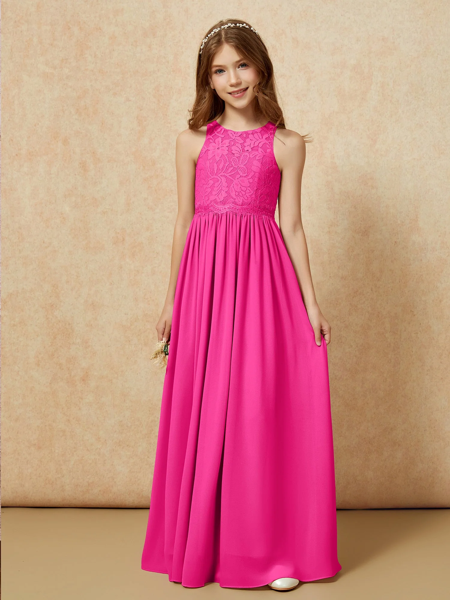 Ärmellos Spitze Chiffon A-Linie Junge Brautjungfernkleider Flamingo - Image 6
