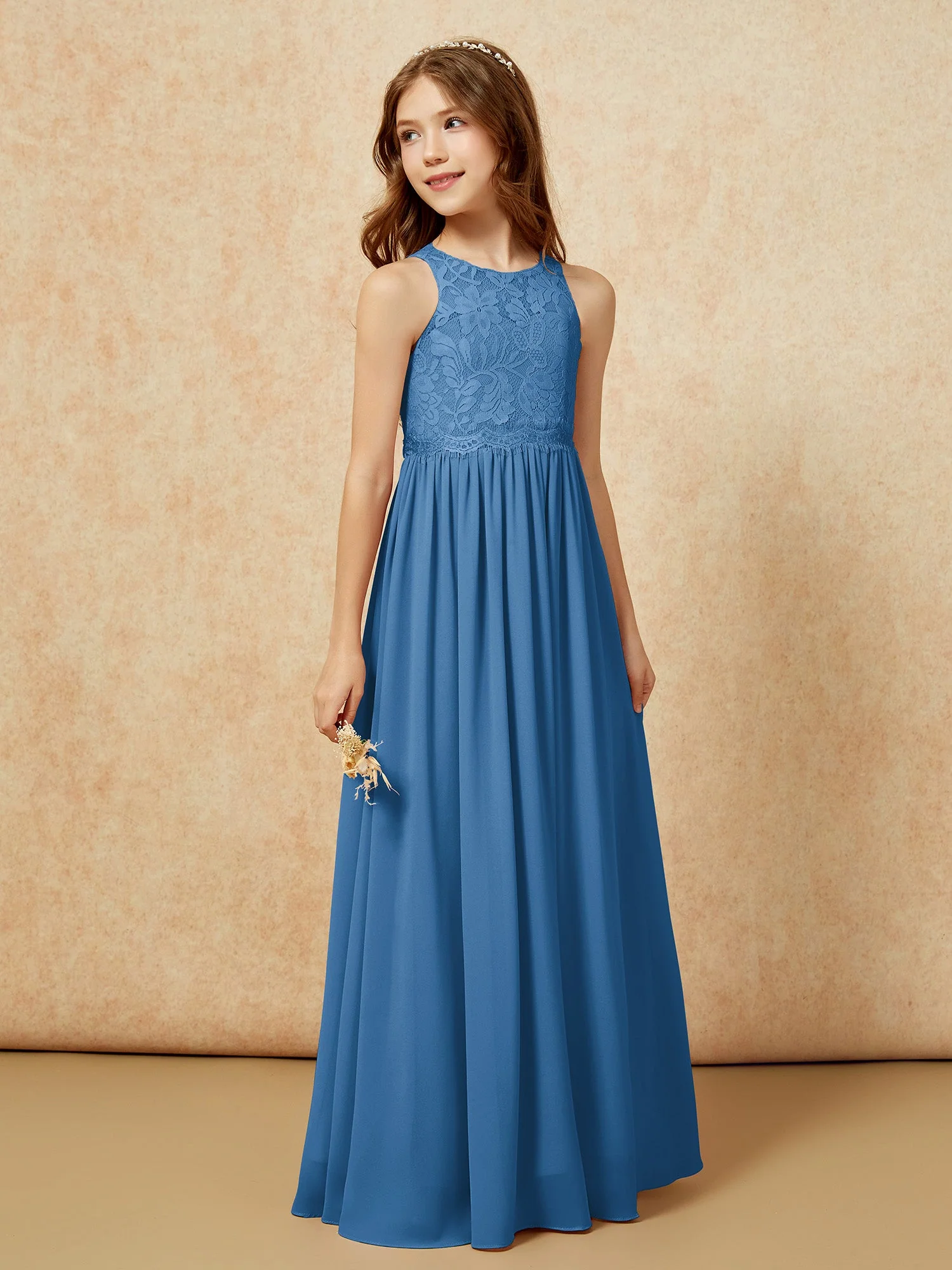 Ärmellos Spitze Chiffon A-Linie Junge Brautjungfernkleider Grün - Image 5