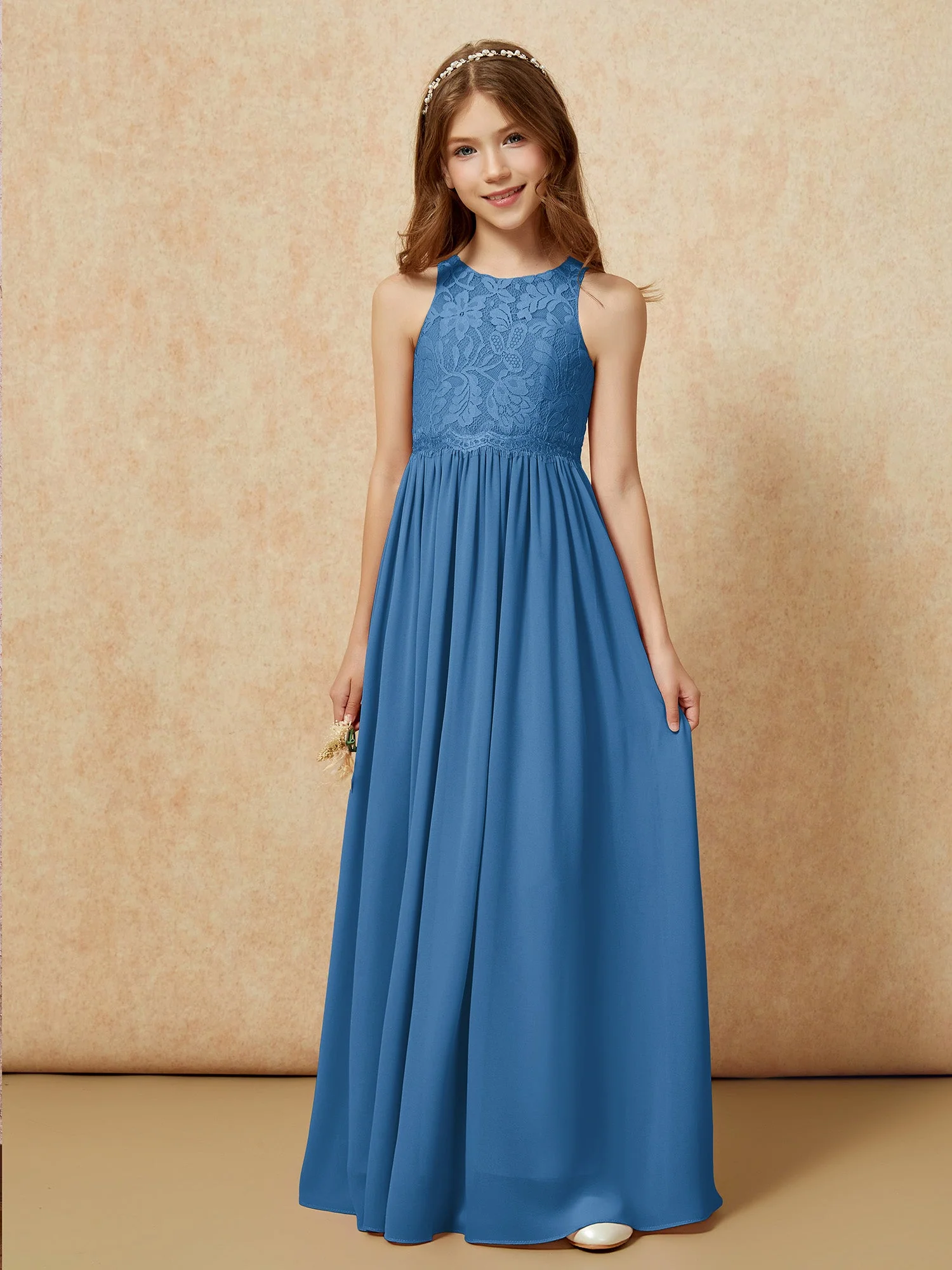Ärmellos Spitze Chiffon A-Linie Junge Brautjungfernkleider Grün - Image 6