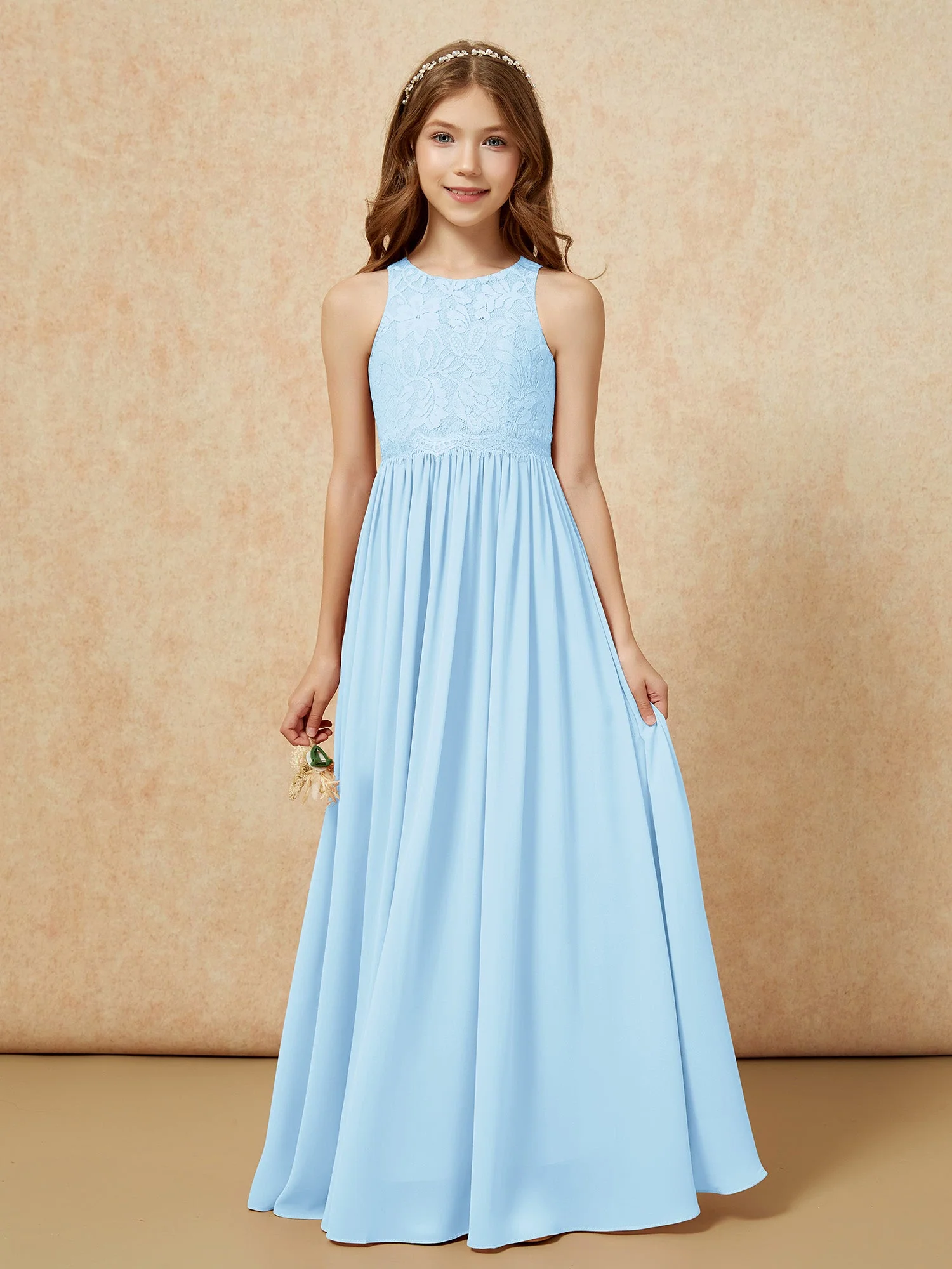 Ärmellos Spitze Chiffon A-Linie Junge Brautjungfernkleider Himmelblau