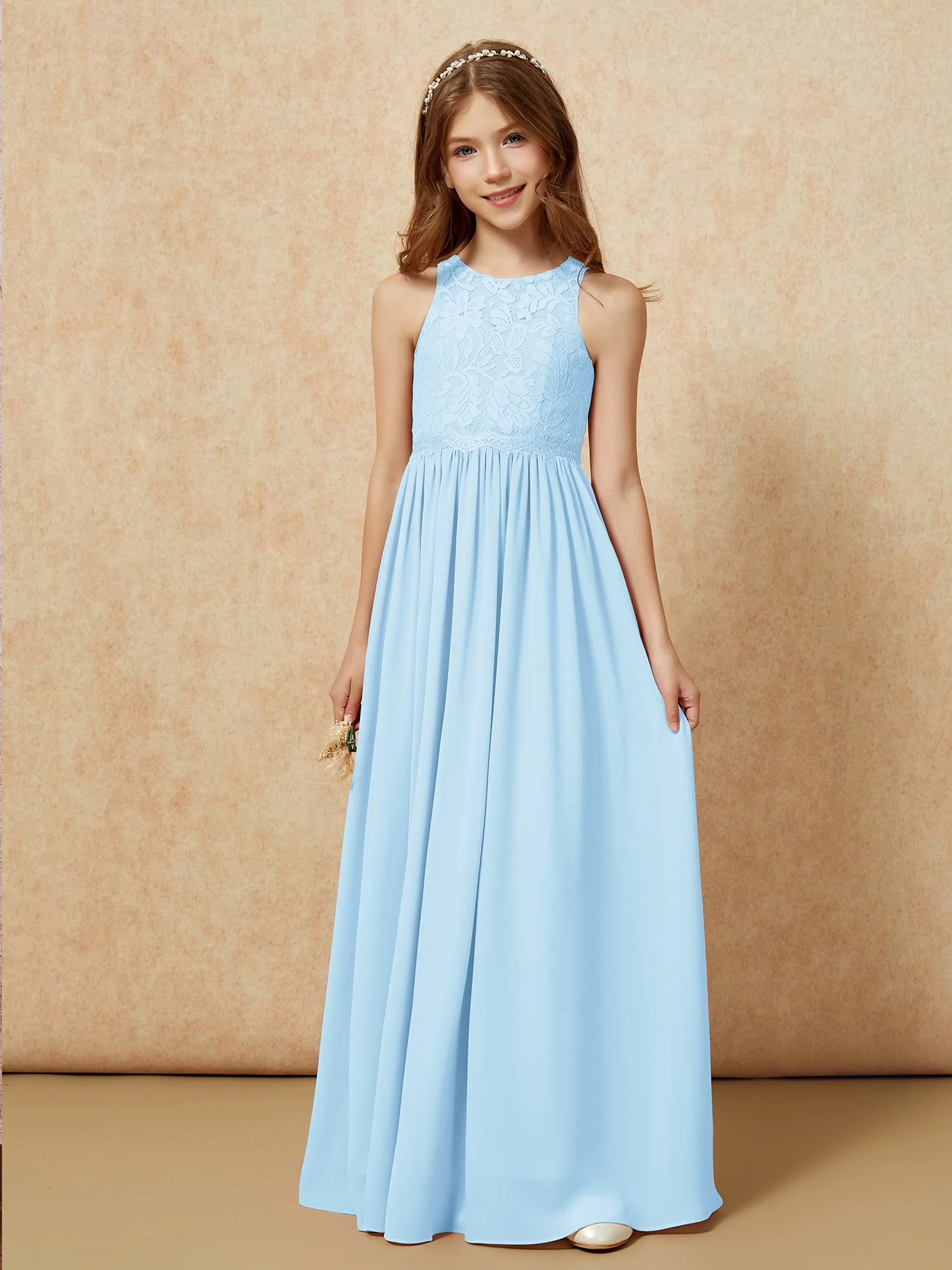 Ärmellos Spitze Chiffon A-Linie Junge Brautjungfernkleider Himmelblau - Image 6