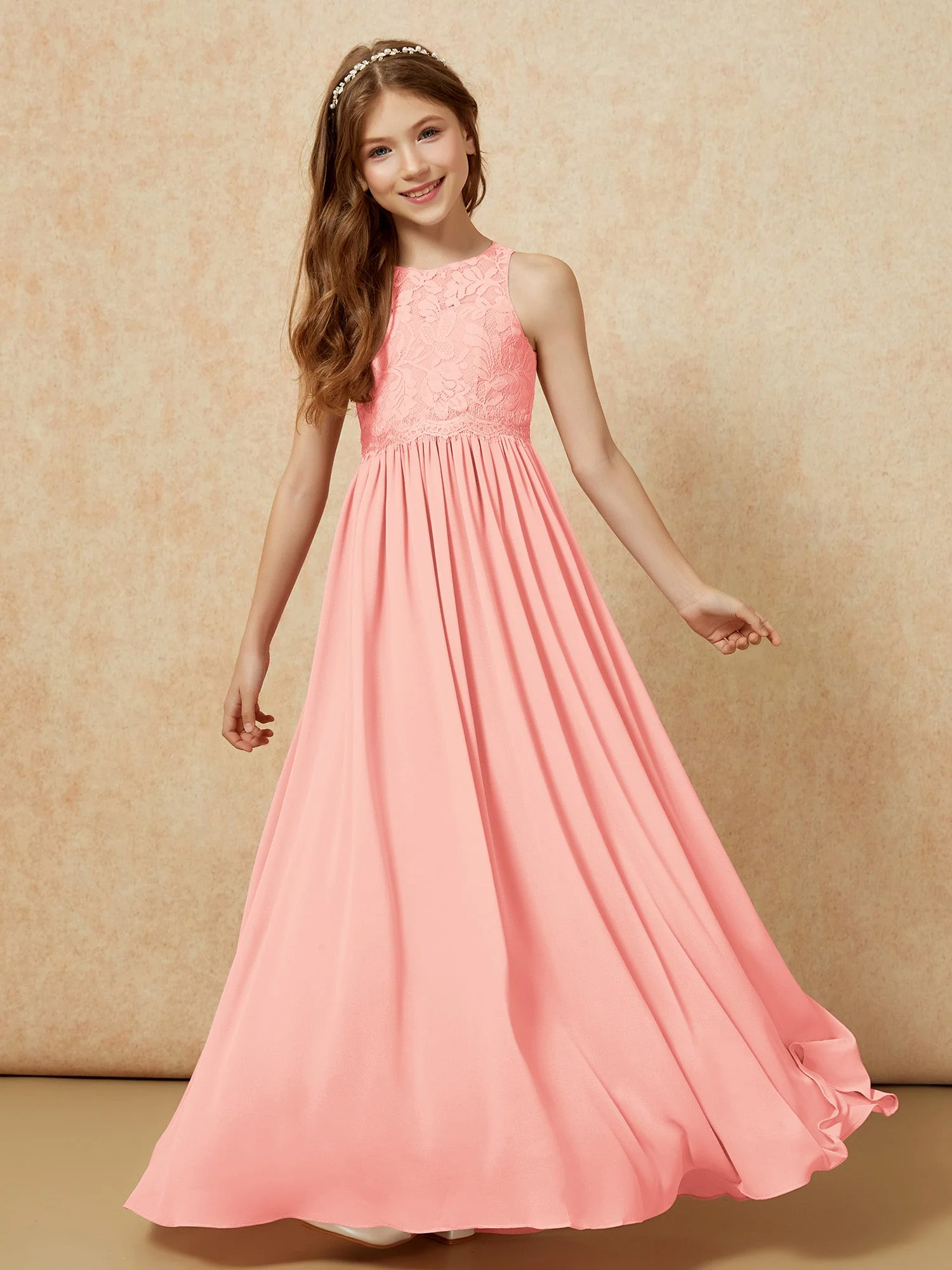 Ärmellos Spitze Chiffon A-Linie Junge Brautjungfernkleider Kleegrün - Image 4