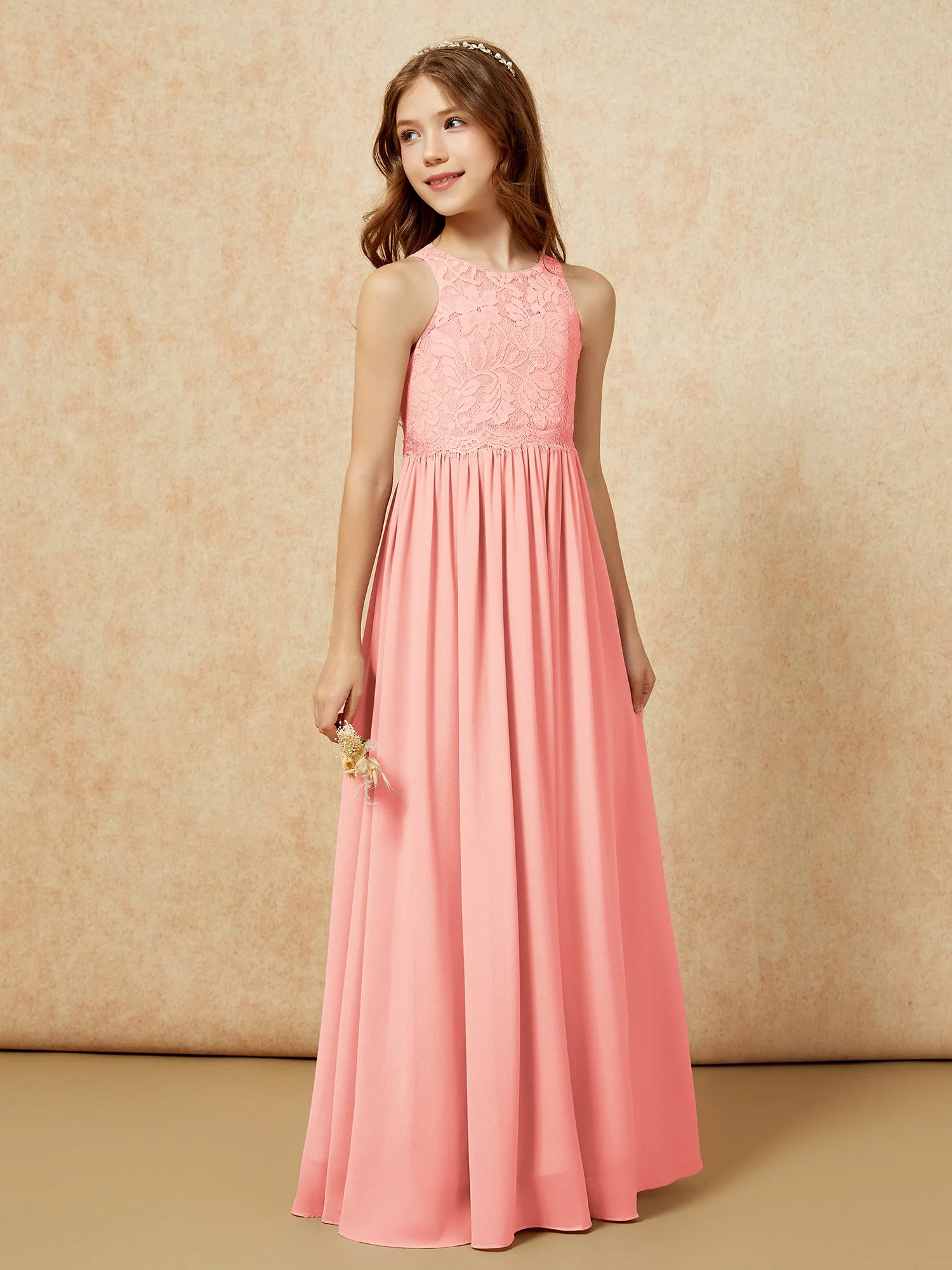 Ärmellos Spitze Chiffon A-Linie Junge Brautjungfernkleider Kleegrün - Image 5