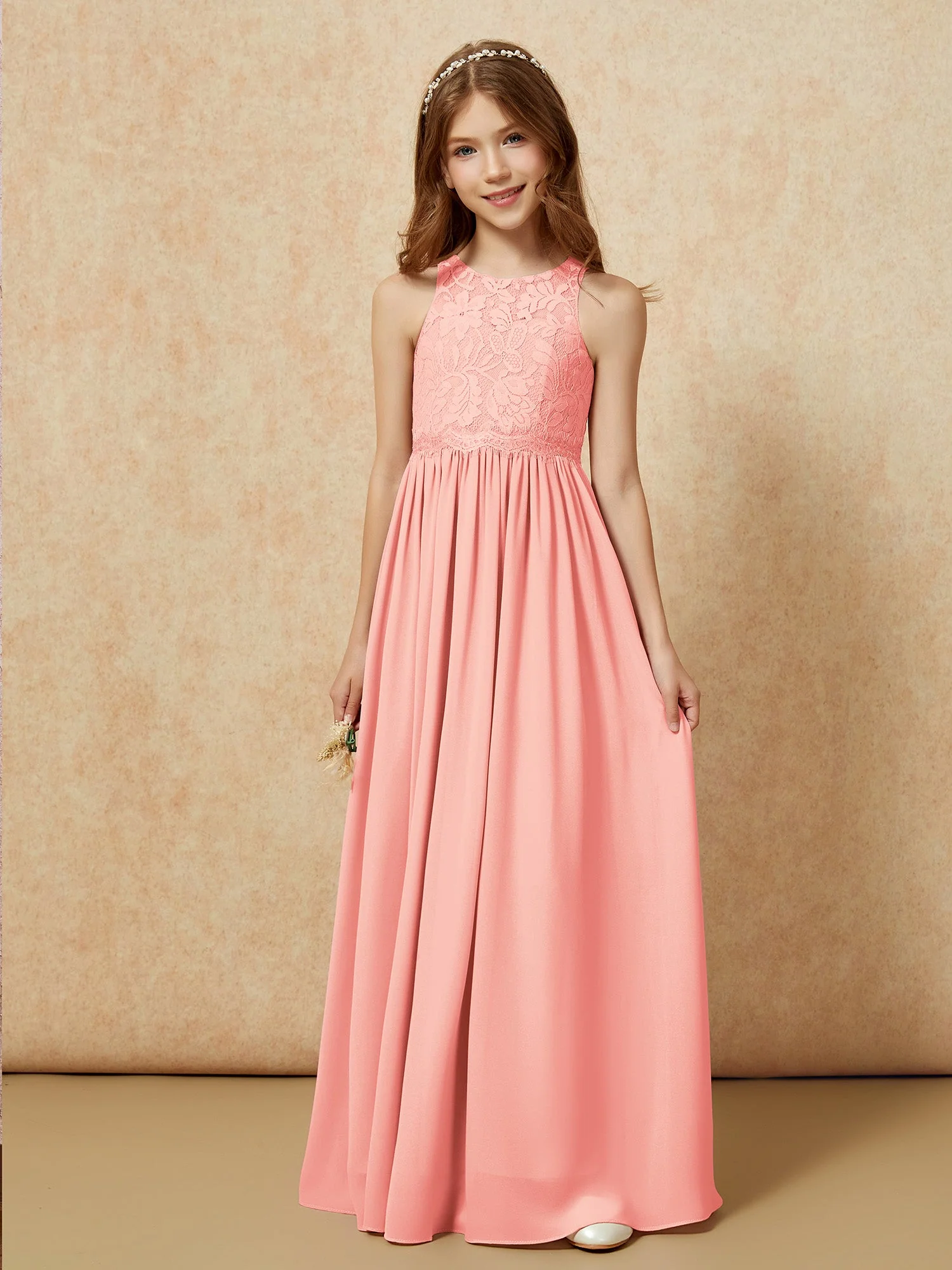 Ärmellos Spitze Chiffon A-Linie Junge Brautjungfernkleider Kleegrün - Image 6