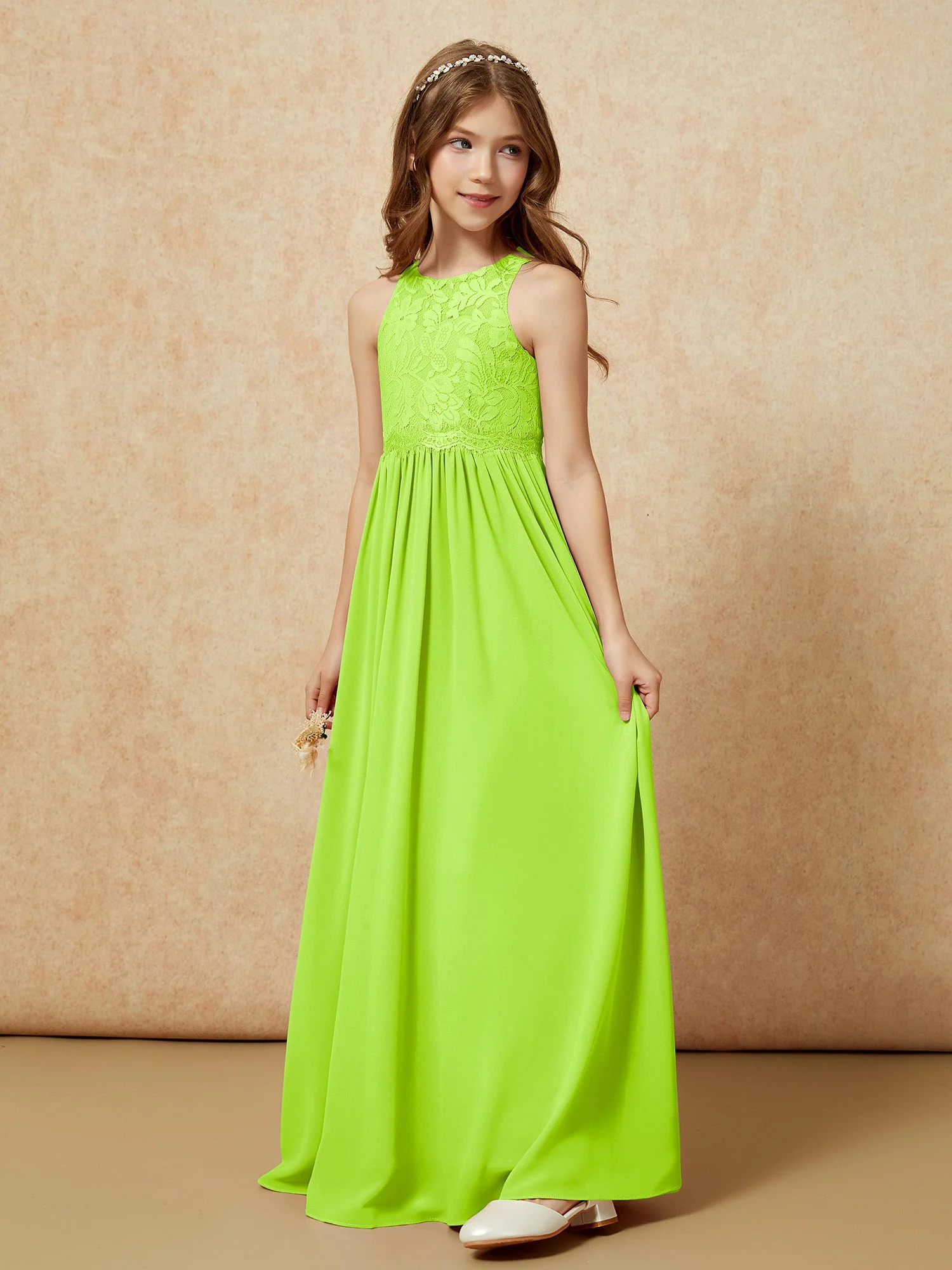 Ärmellos Spitze Chiffon A-Linie Junge Brautjungfernkleider Lila - Image 3