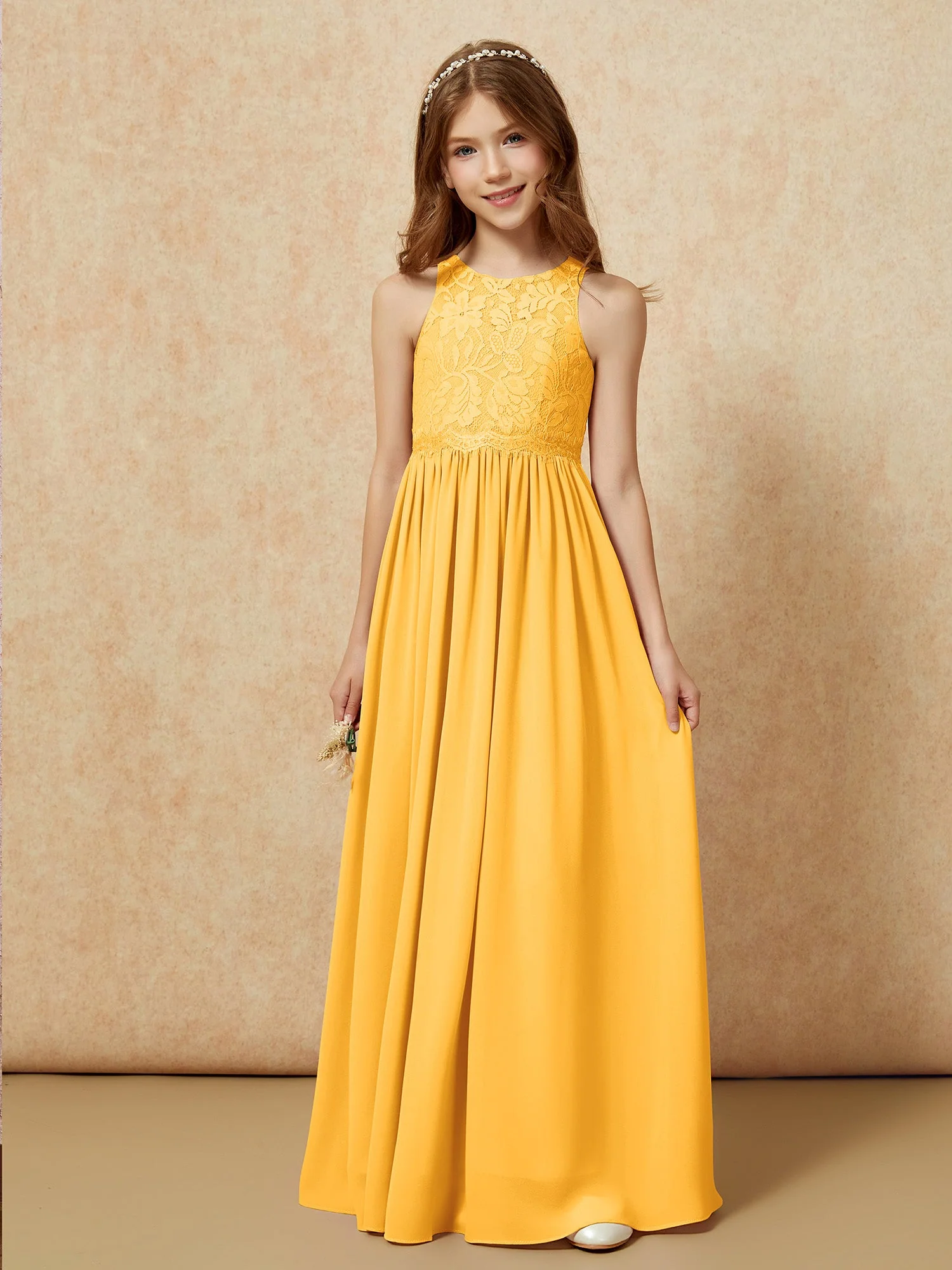 Ärmellos Spitze Chiffon A-Linie Junge Brautjungfernkleider Mandarine - Image 6
