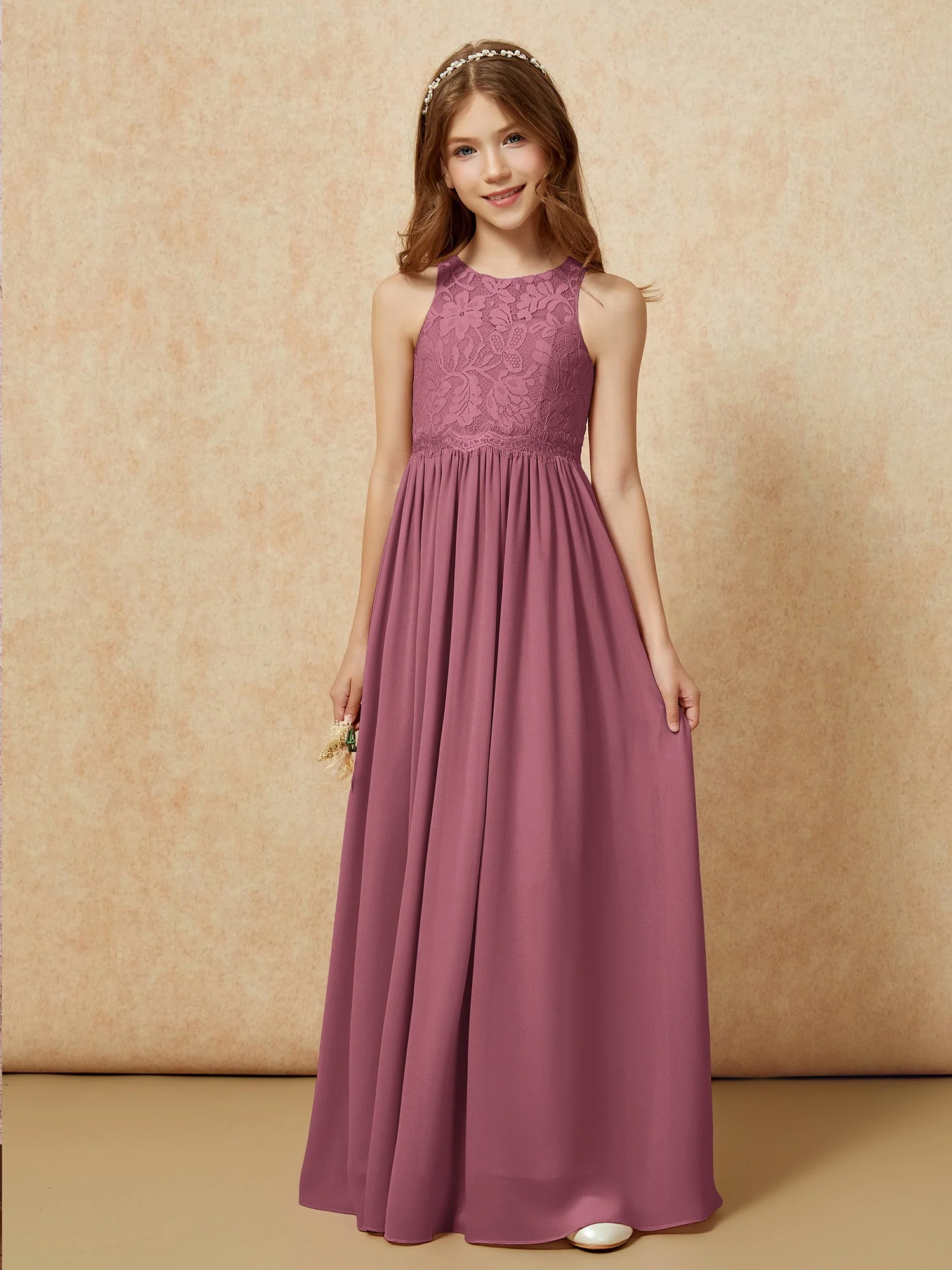 Ärmellos Spitze Chiffon A-Linie Junge Brautjungfernkleider Moos - Image 6