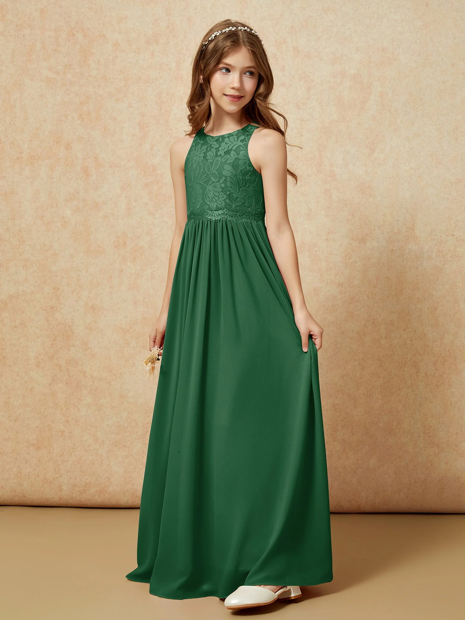 Ärmellos Spitze Chiffon A-Linie Junge Brautjungfernkleider Narzisse - Image 3