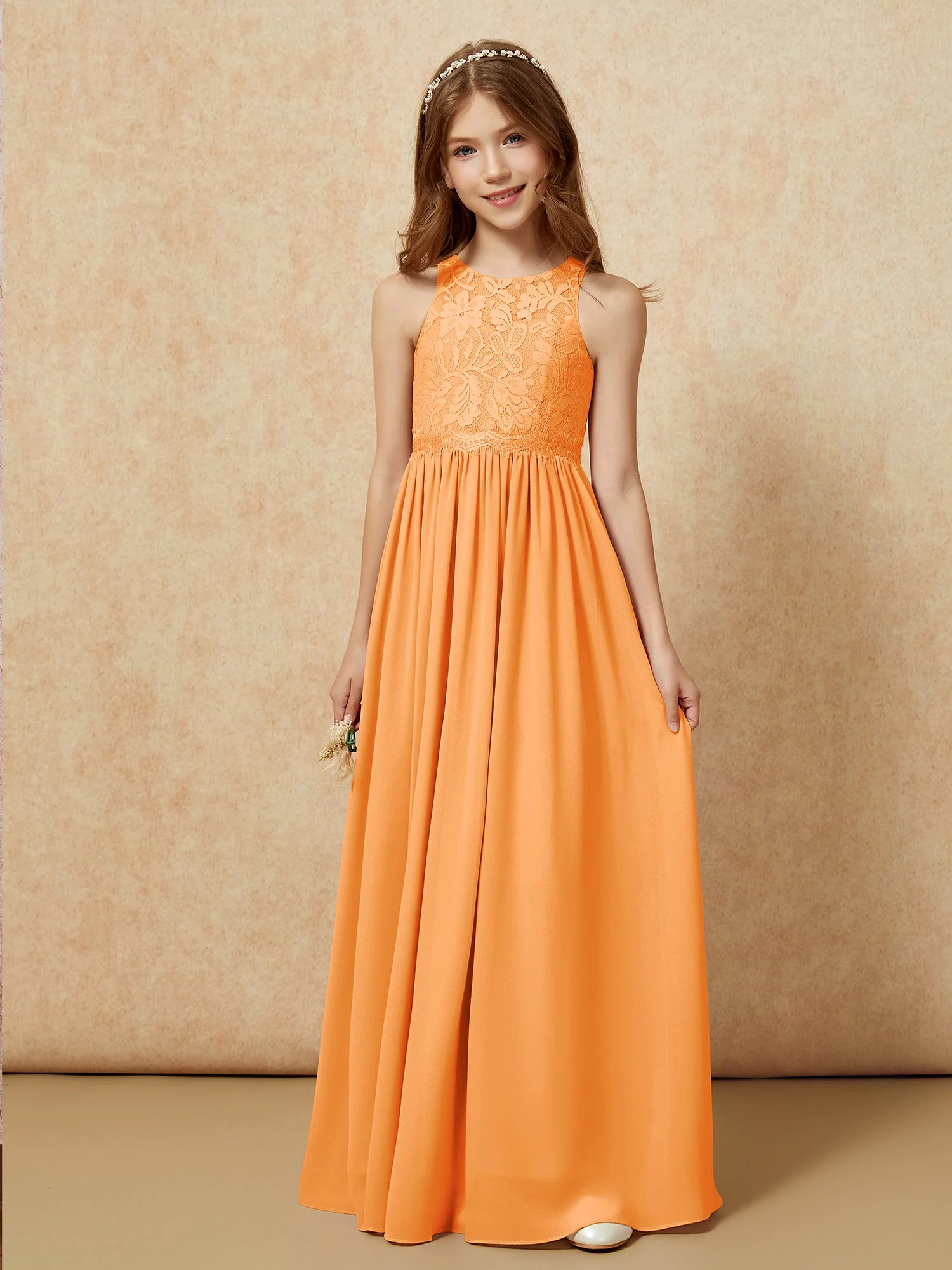 Ärmellos Spitze Chiffon A-Linie Junge Brautjungfernkleider Olivgrün - Image 6