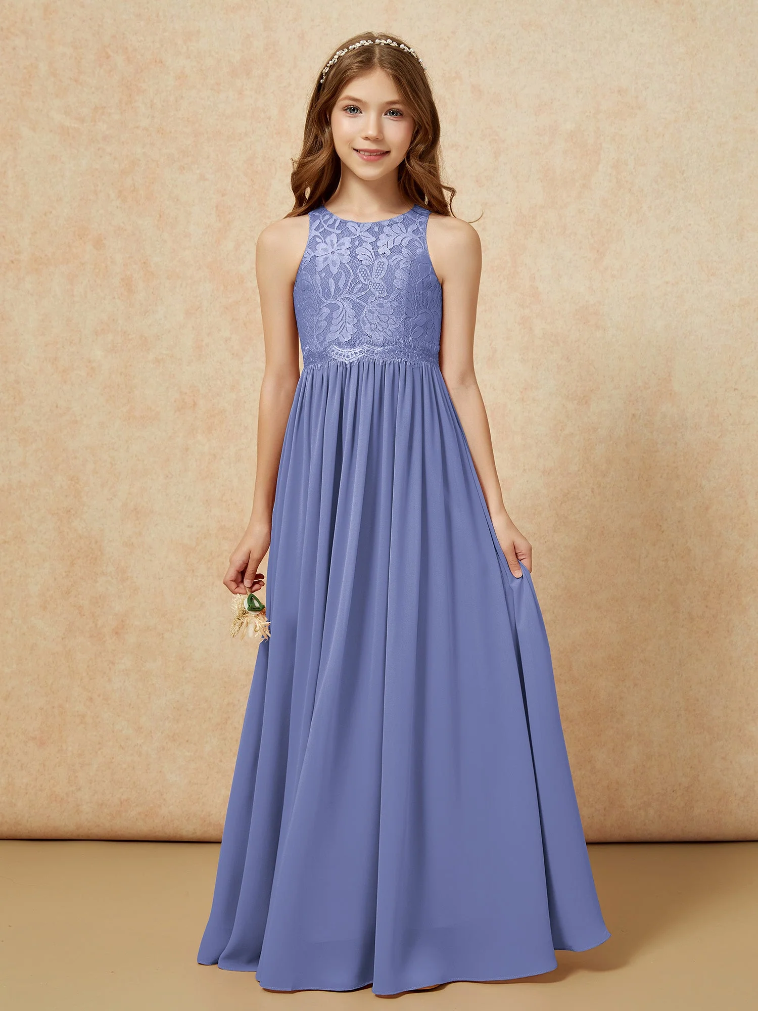 Ärmellos Spitze Chiffon A-Linie Junge Brautjungfernkleider Perlrosa