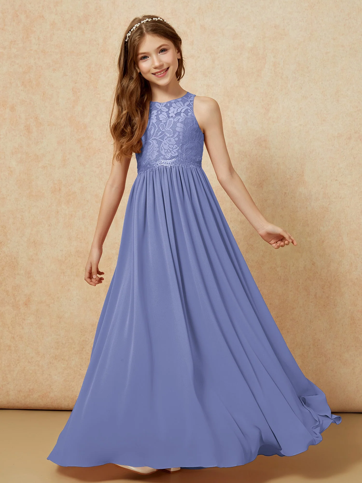 Ärmellos Spitze Chiffon A-Linie Junge Brautjungfernkleider Perlrosa - Image 4