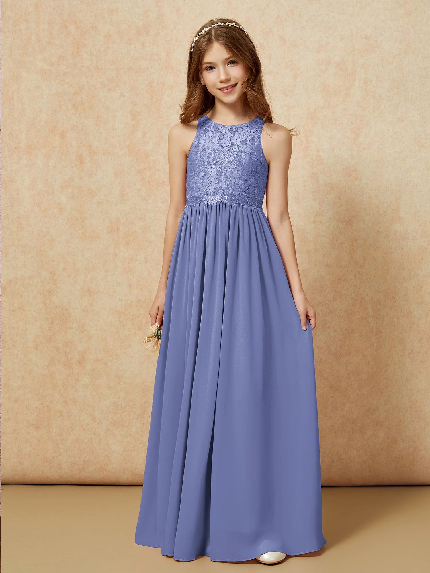 Ärmellos Spitze Chiffon A-Linie Junge Brautjungfernkleider Perlrosa - Image 6