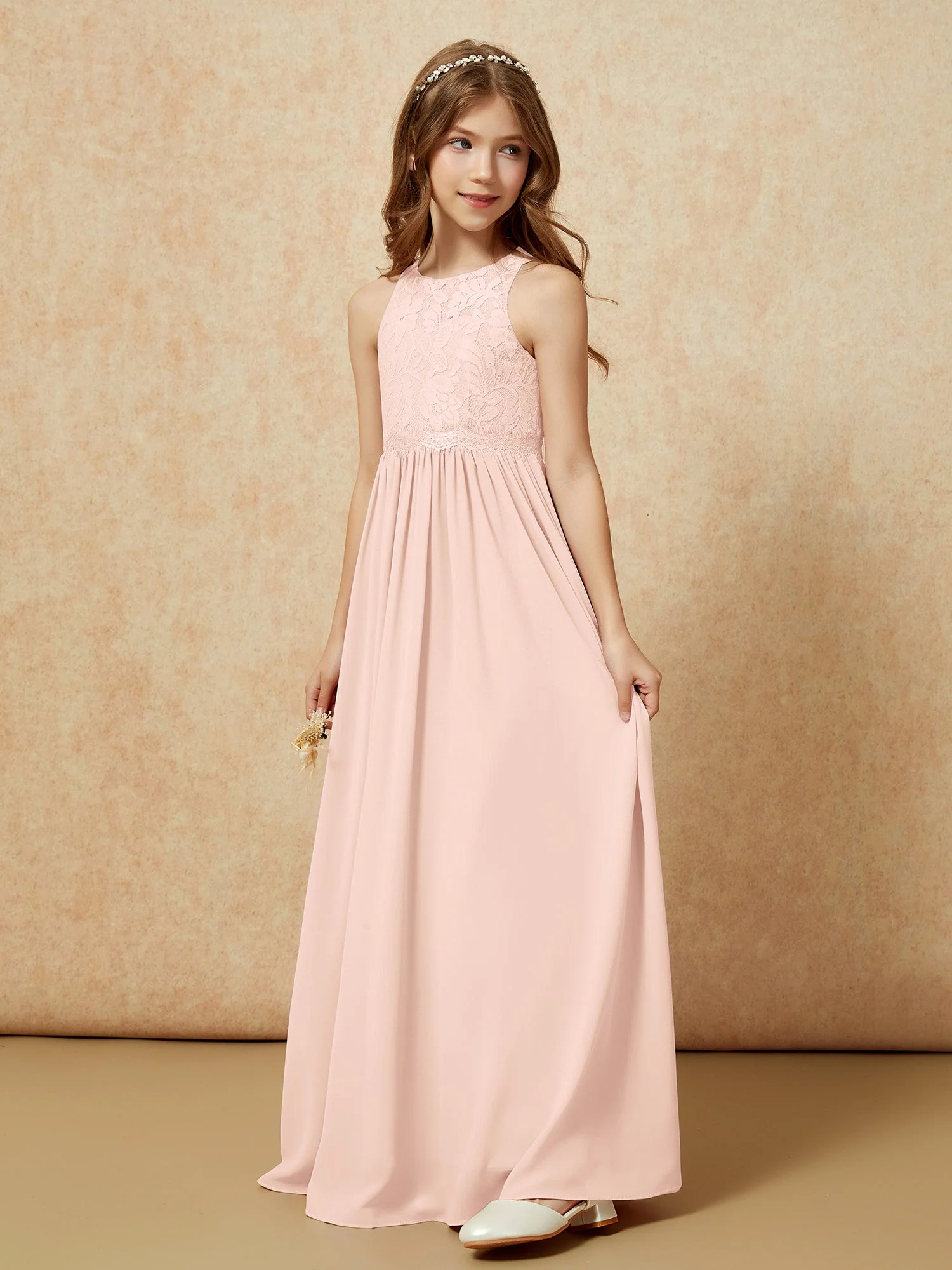 Ärmellos Spitze Chiffon A-Linie Junge Brautjungfernkleider Pfau - Image 3