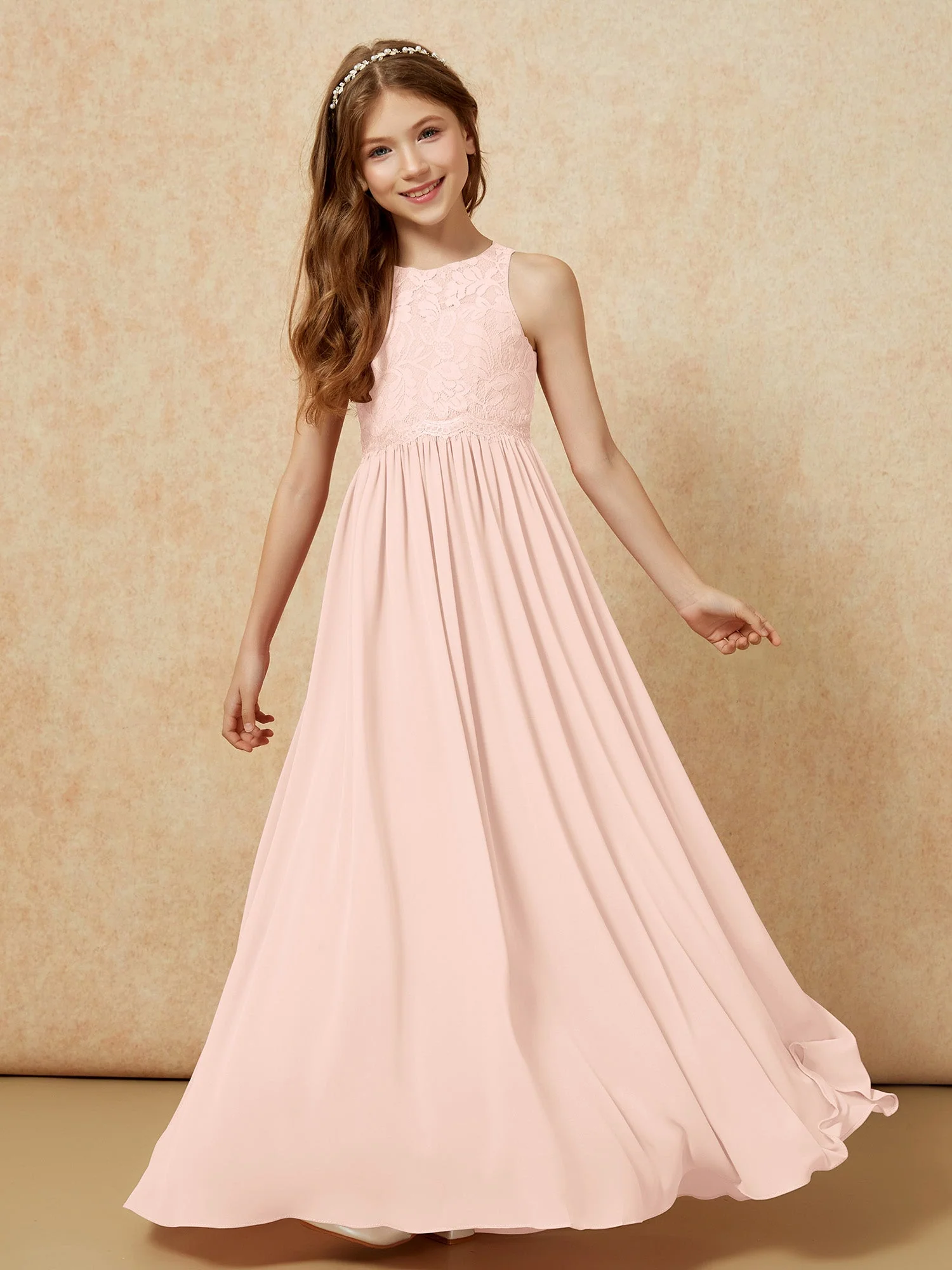 Ärmellos Spitze Chiffon A-Linie Junge Brautjungfernkleider Pfau - Image 4