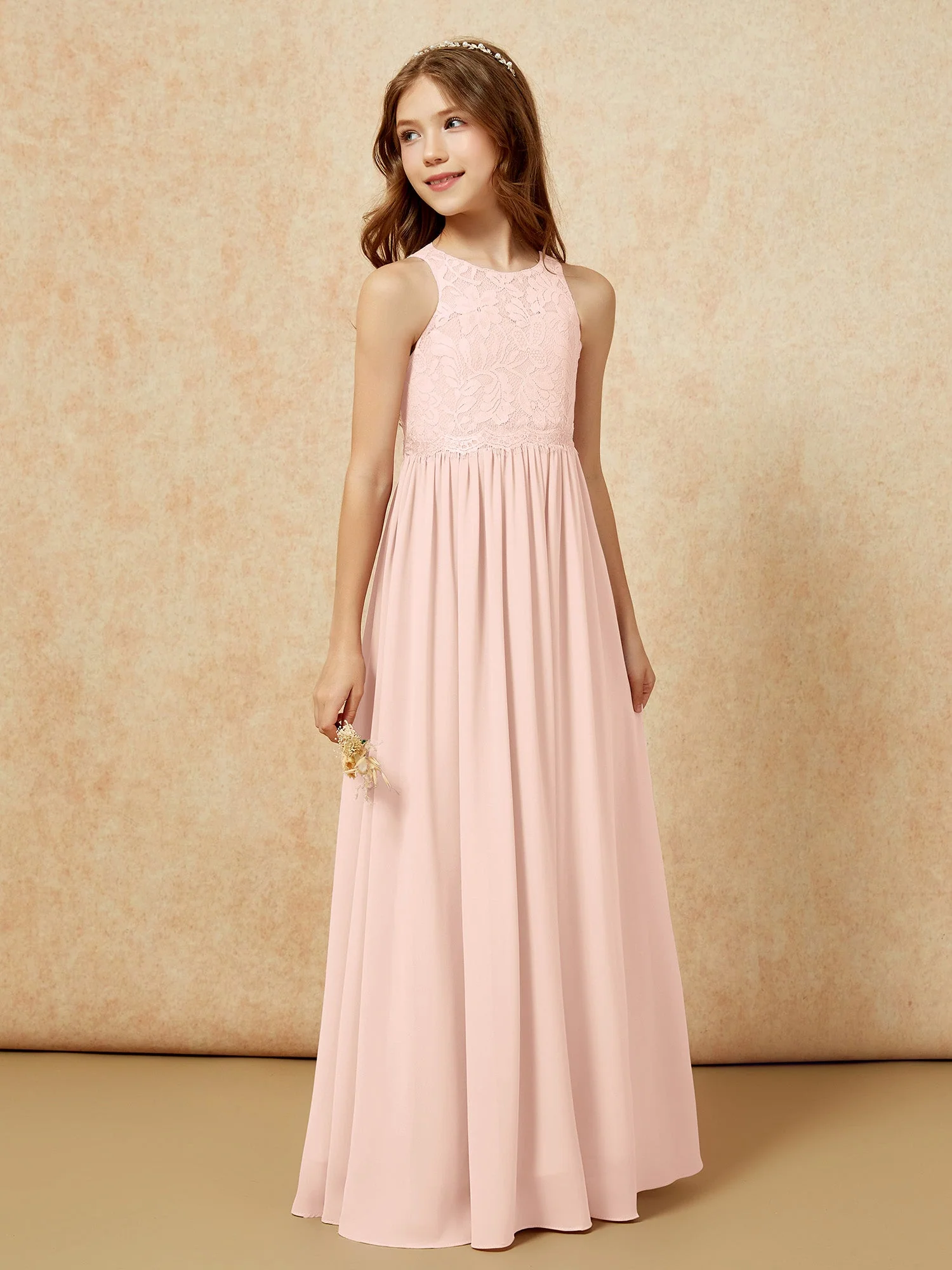 Ärmellos Spitze Chiffon A-Linie Junge Brautjungfernkleider Pfau - Image 5