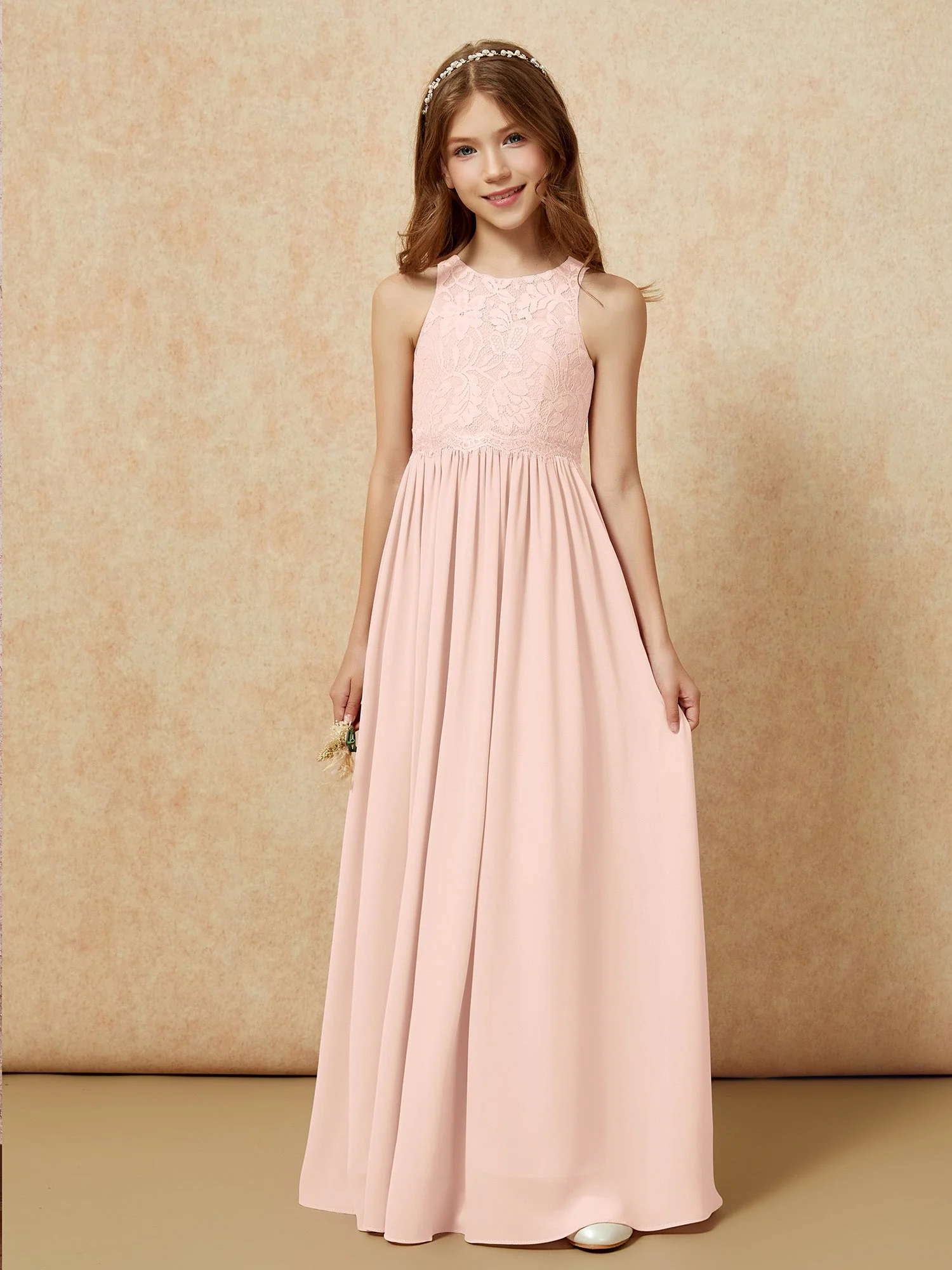 Ärmellos Spitze Chiffon A-Linie Junge Brautjungfernkleider Pfau - Image 6