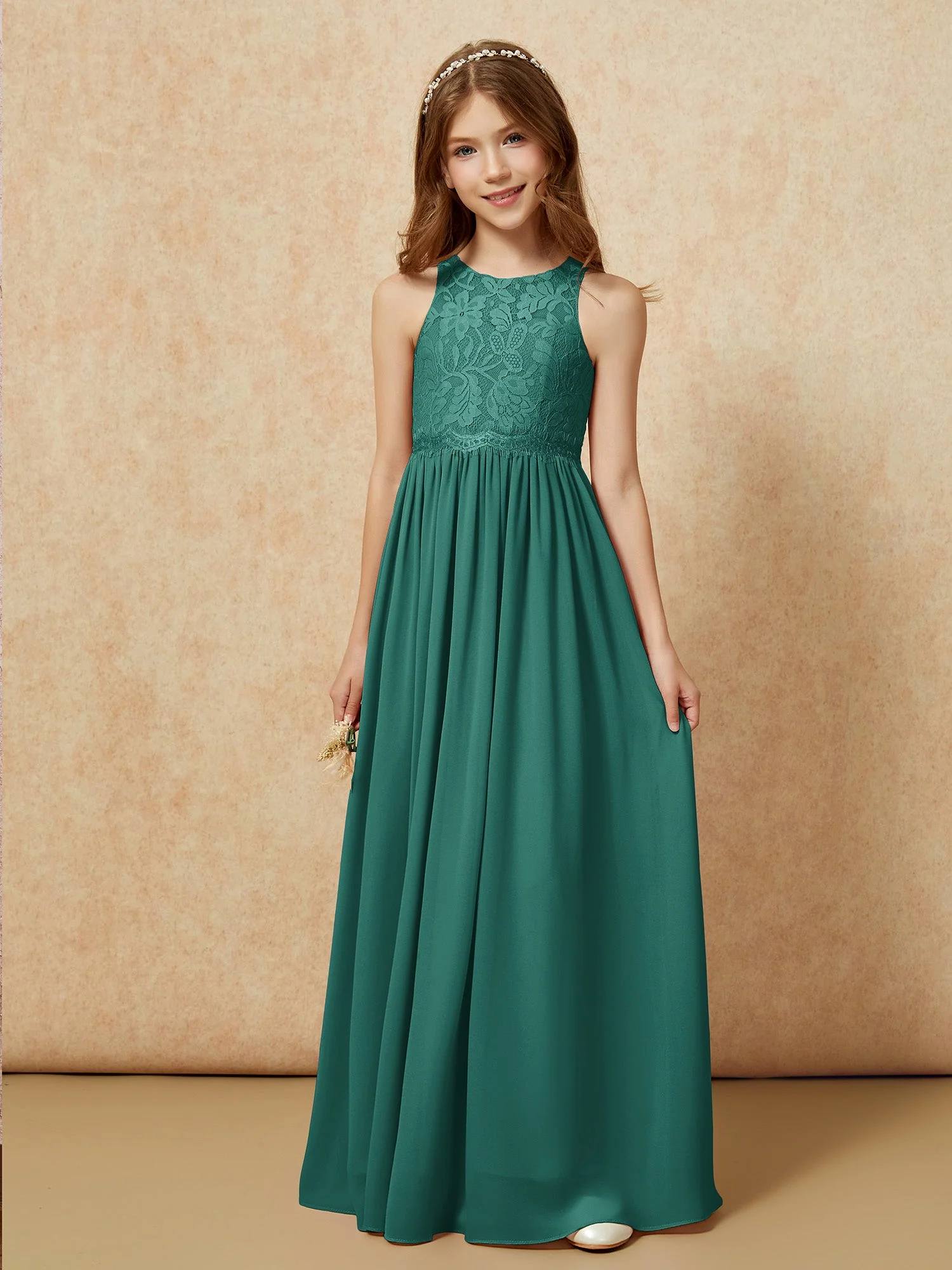 Ärmellos Spitze Chiffon A-Linie Junge Brautjungfernkleider Pfirsich - Image 6