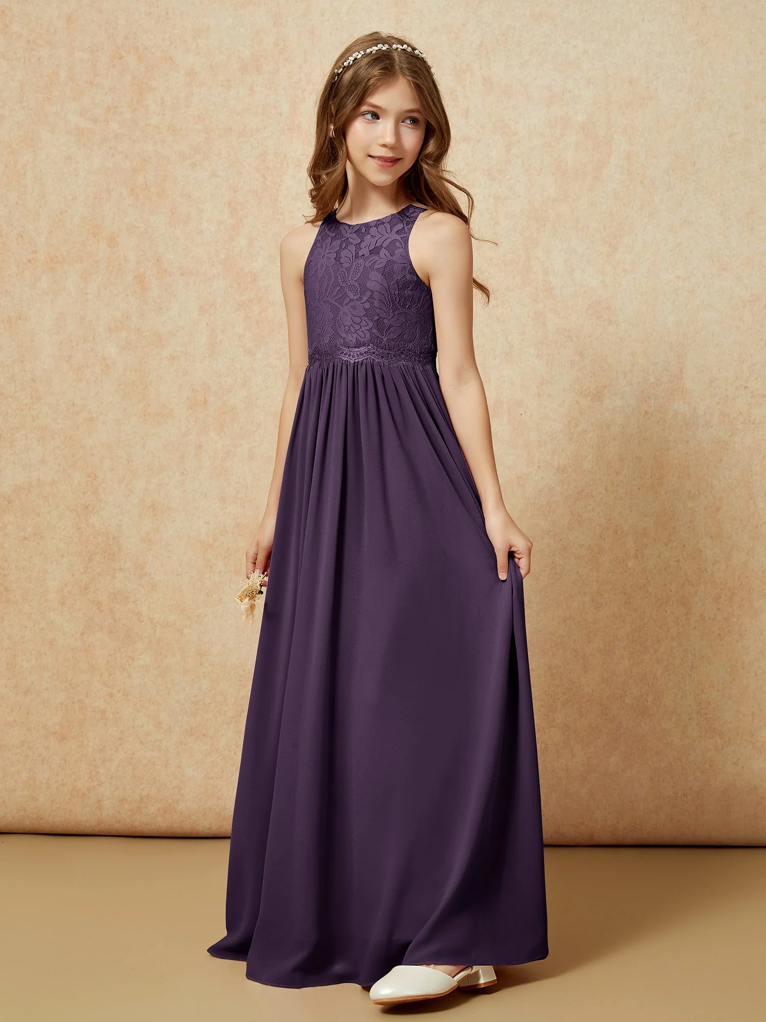 Ärmellos Spitze Chiffon A-Linie Junge Brautjungfernkleider Plum - Image 3