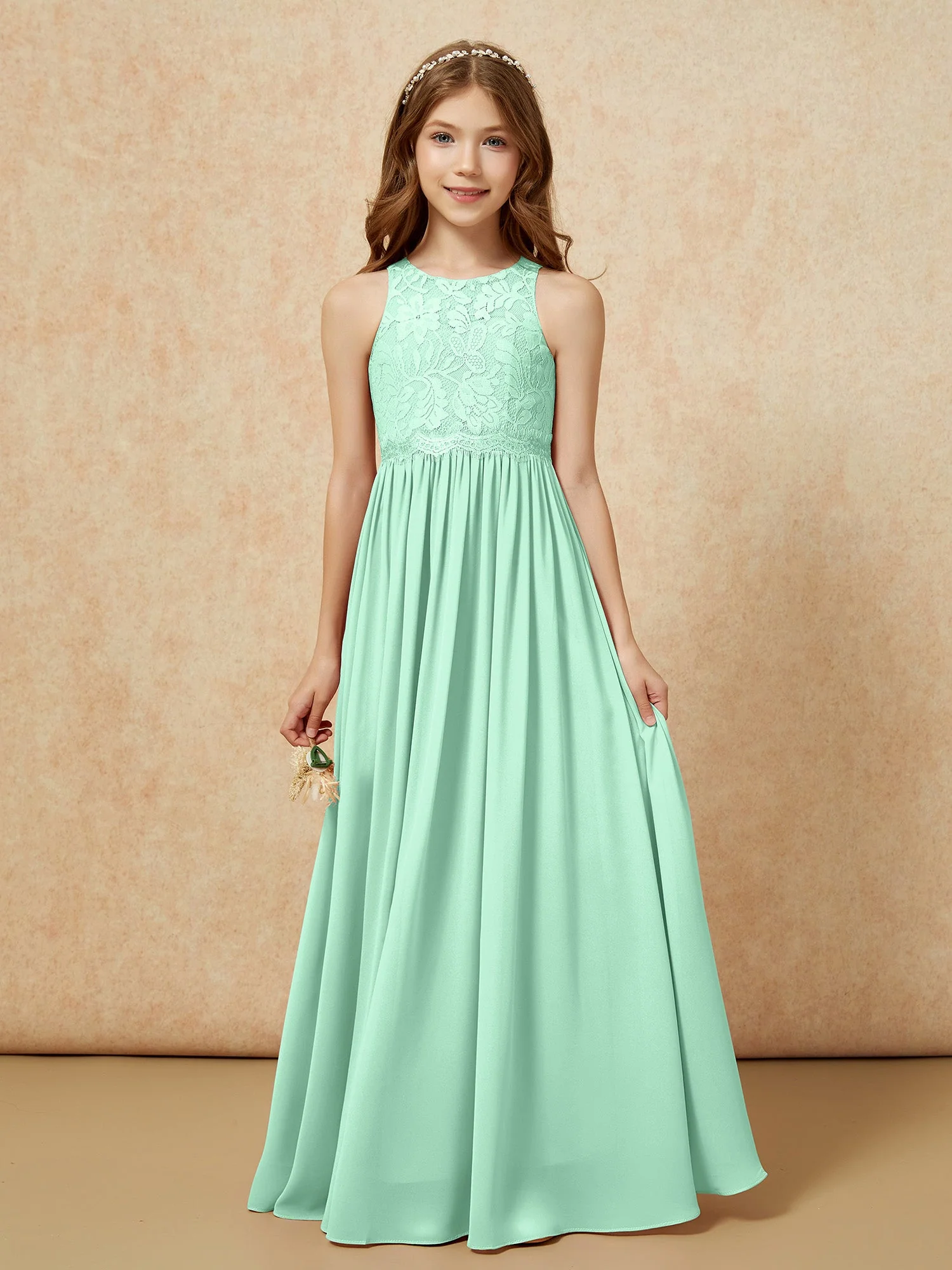 Ärmellos Spitze Chiffon A-Linie Junge Brautjungfernkleider Ringelblume