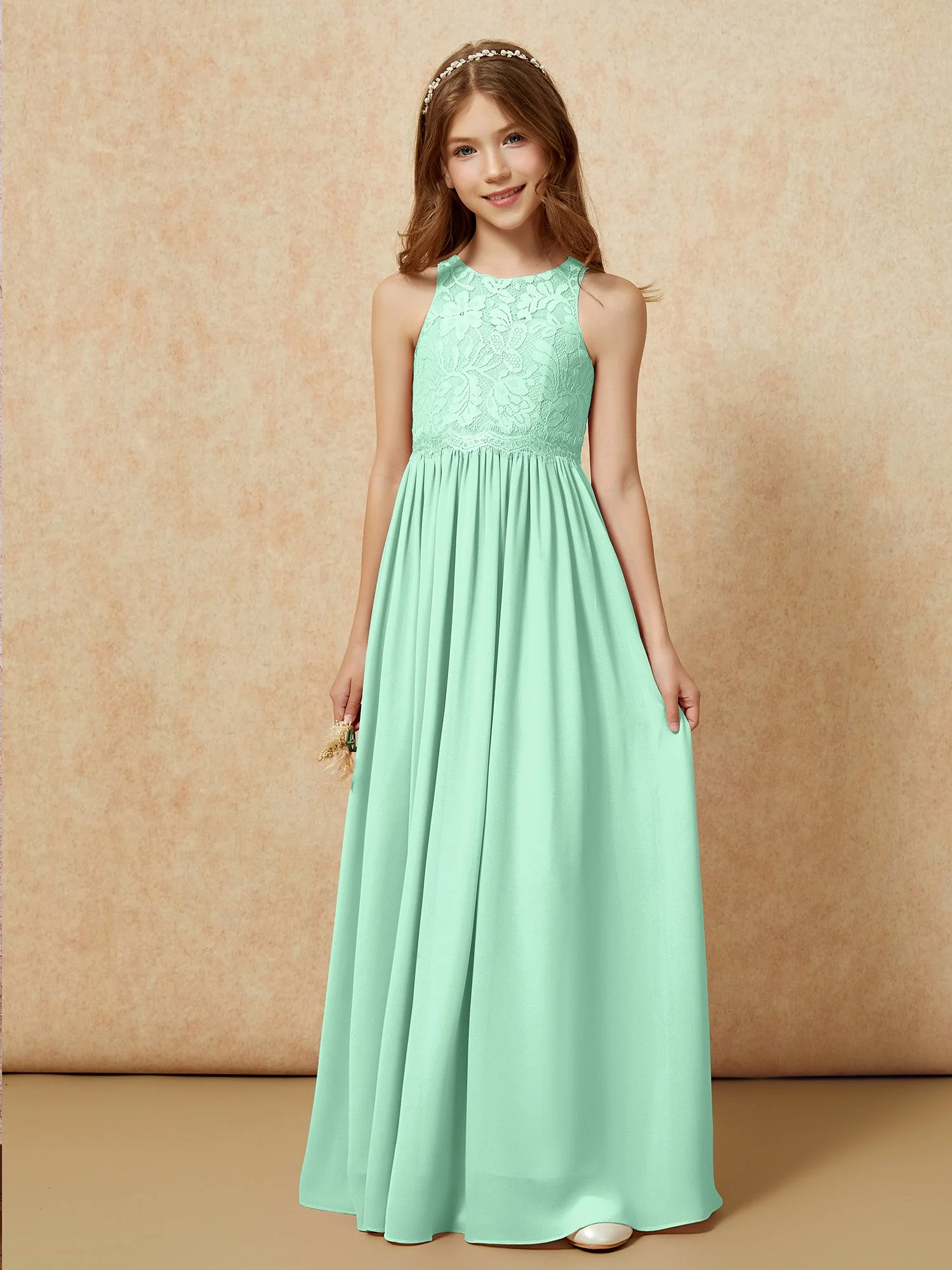Ärmellos Spitze Chiffon A-Linie Junge Brautjungfernkleider Ringelblume - Image 6