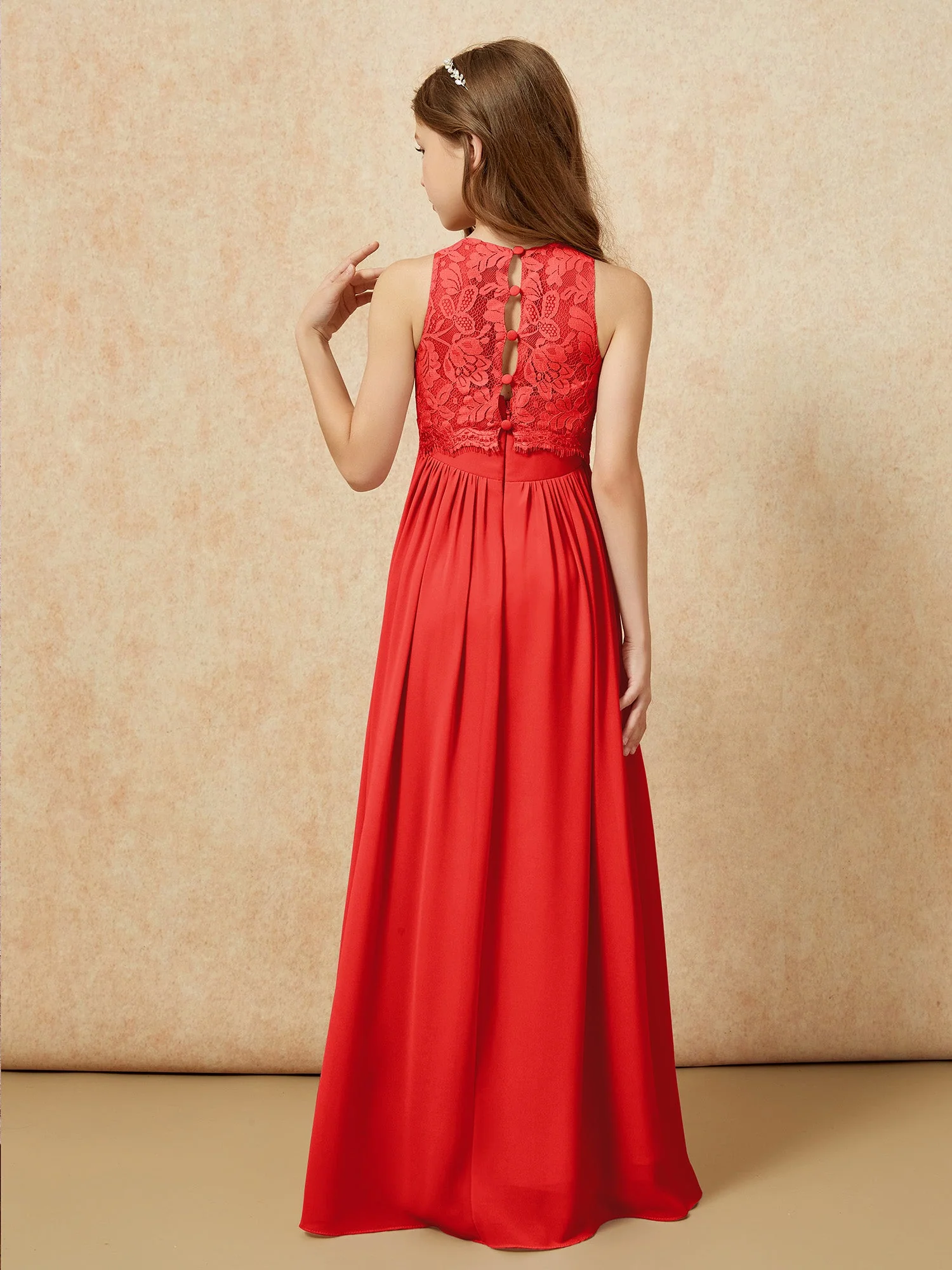 Ärmellos Spitze Chiffon A-Linie Junge Brautjungfernkleider Rot - Image 2
